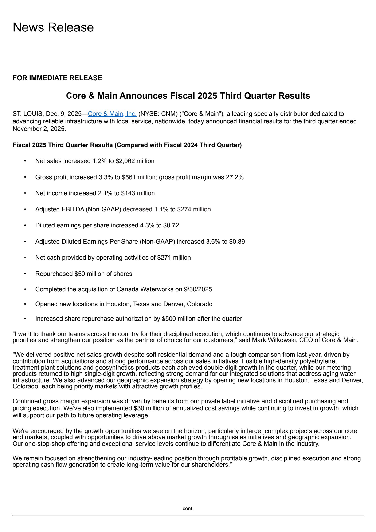 Core & Main's Q3 2026 Earnings Release