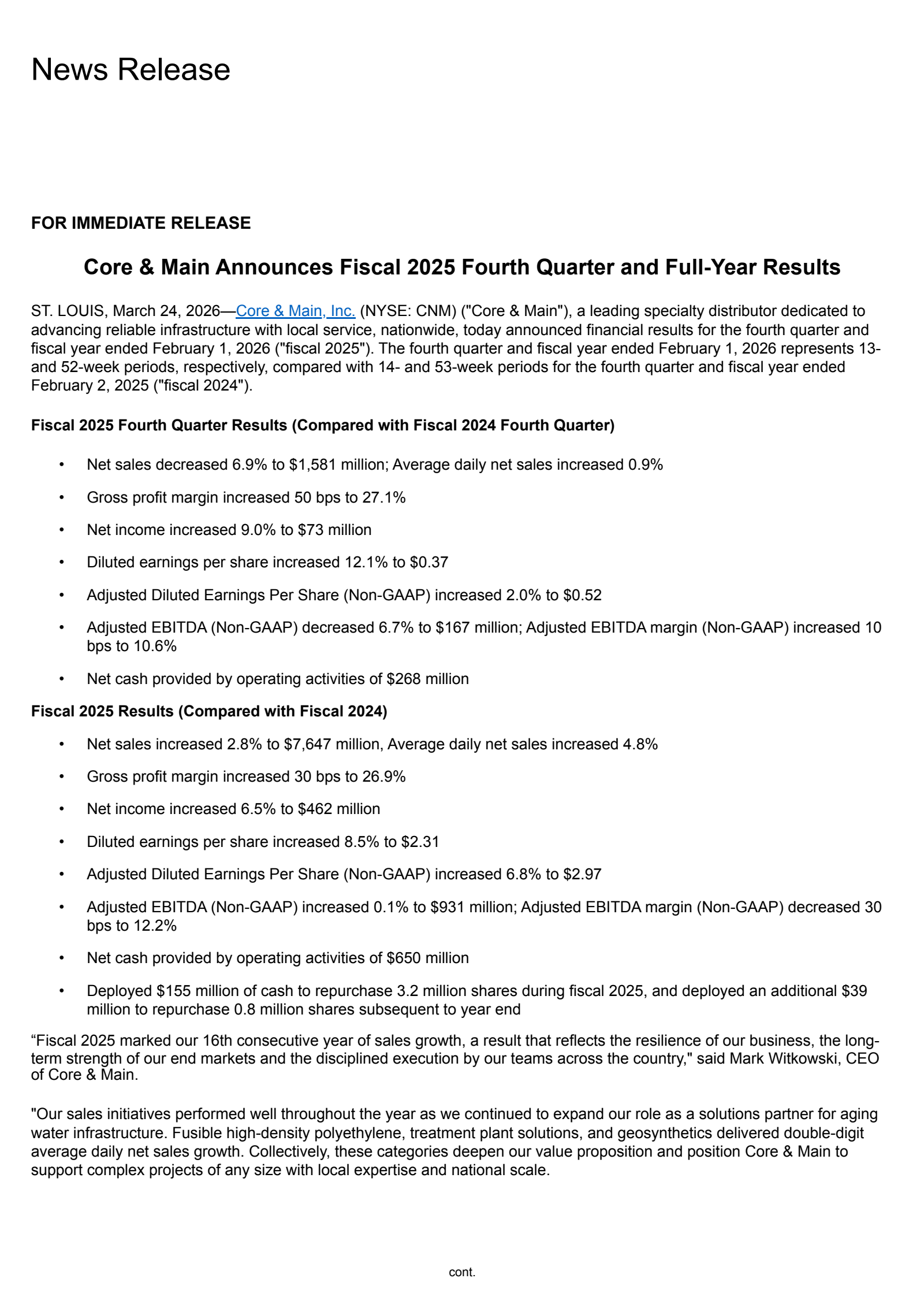 Core & Main's Q4 2026 Press Release