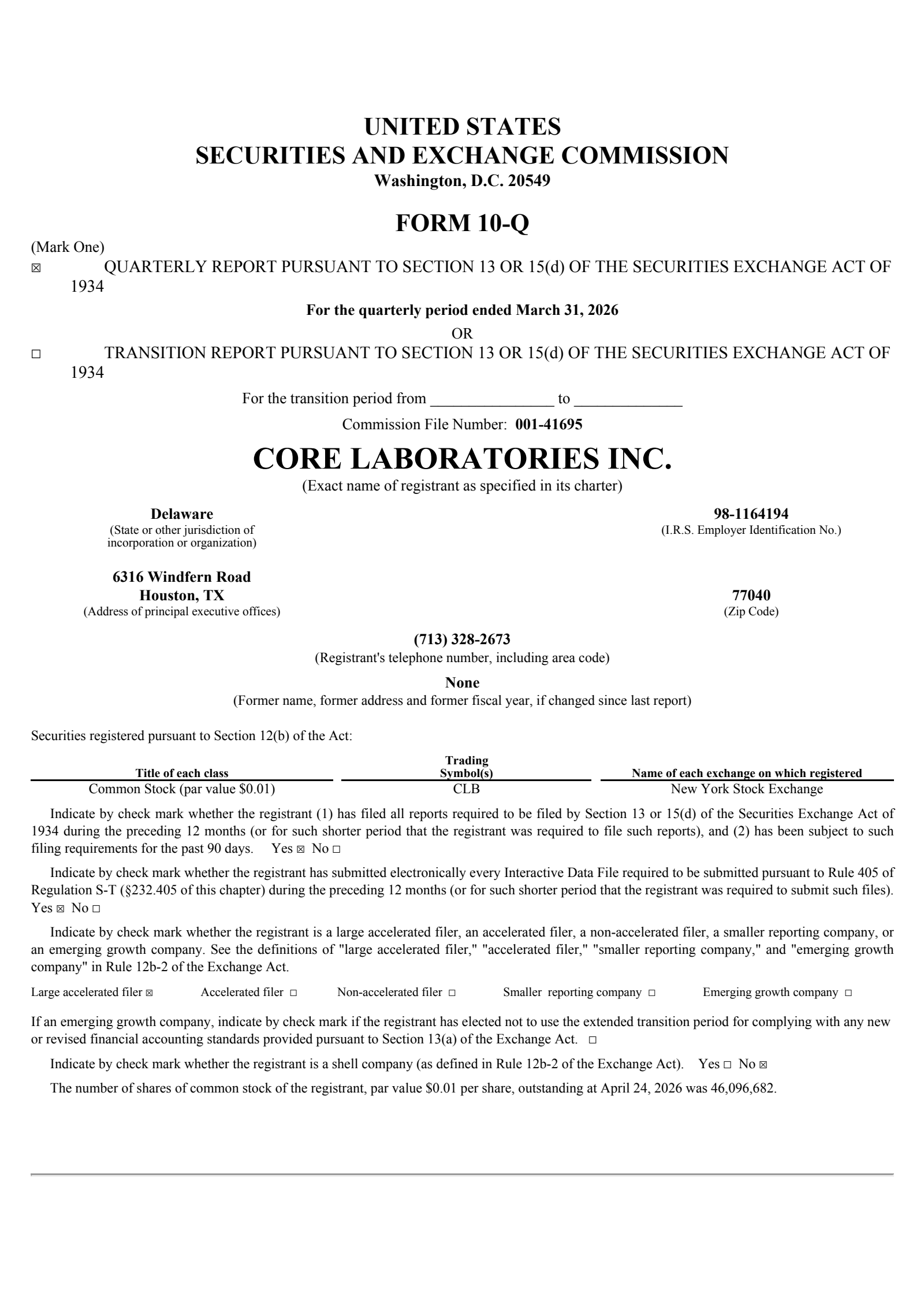Core Laboratories' Q1 2026 Quarterly report