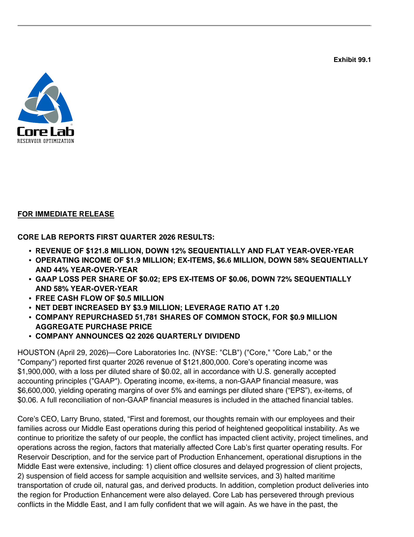 Core Laboratories' Q1 2026 Press Release