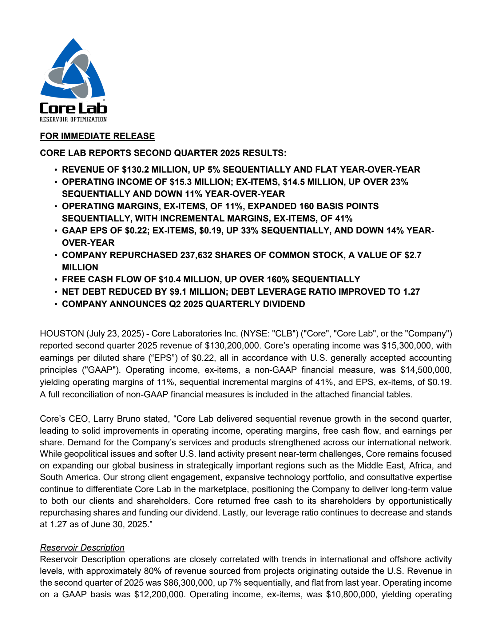 Core Laboratories' Q2 2025 Press Release