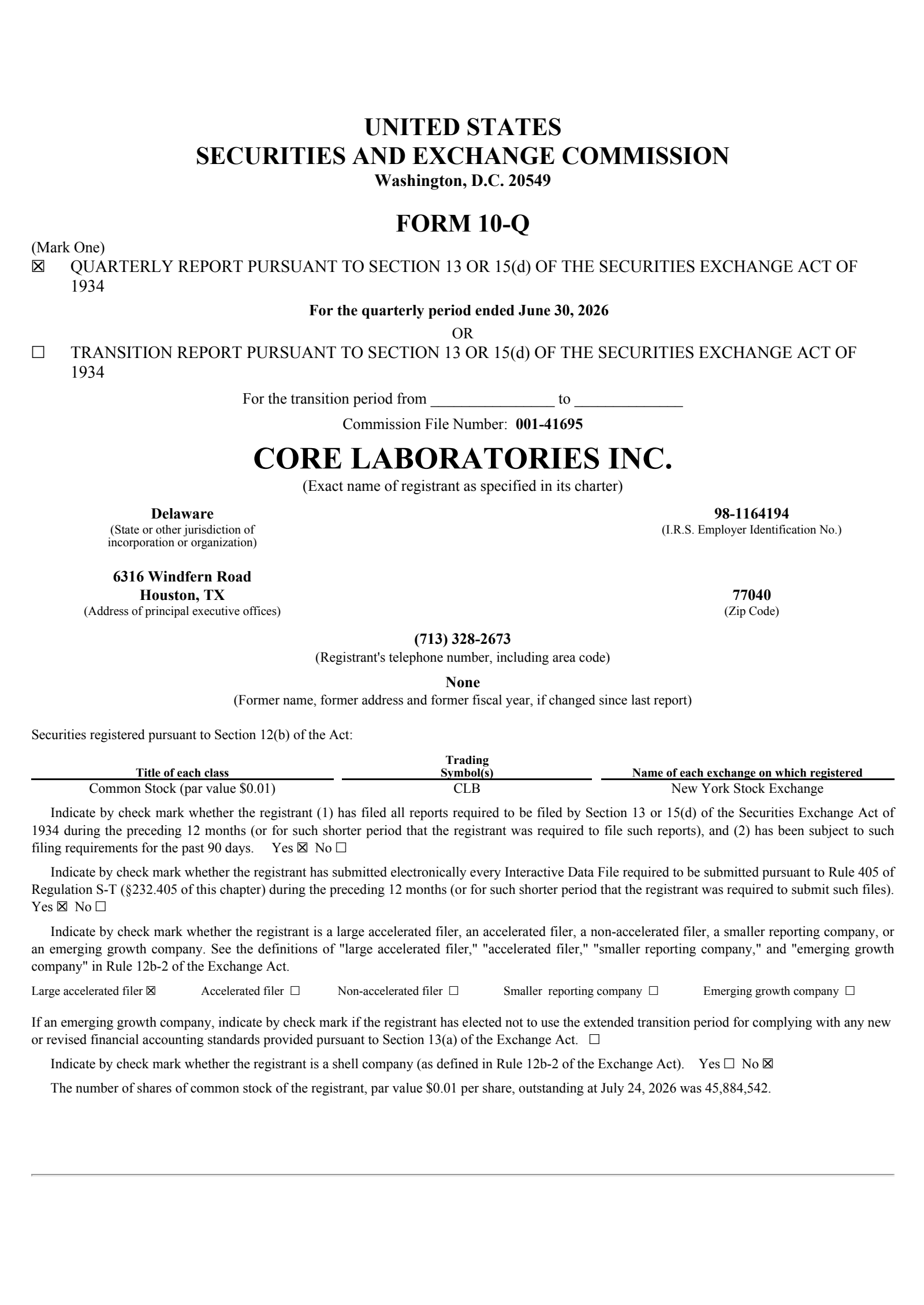 Core Laboratories' Q2 2026 Quarterly report