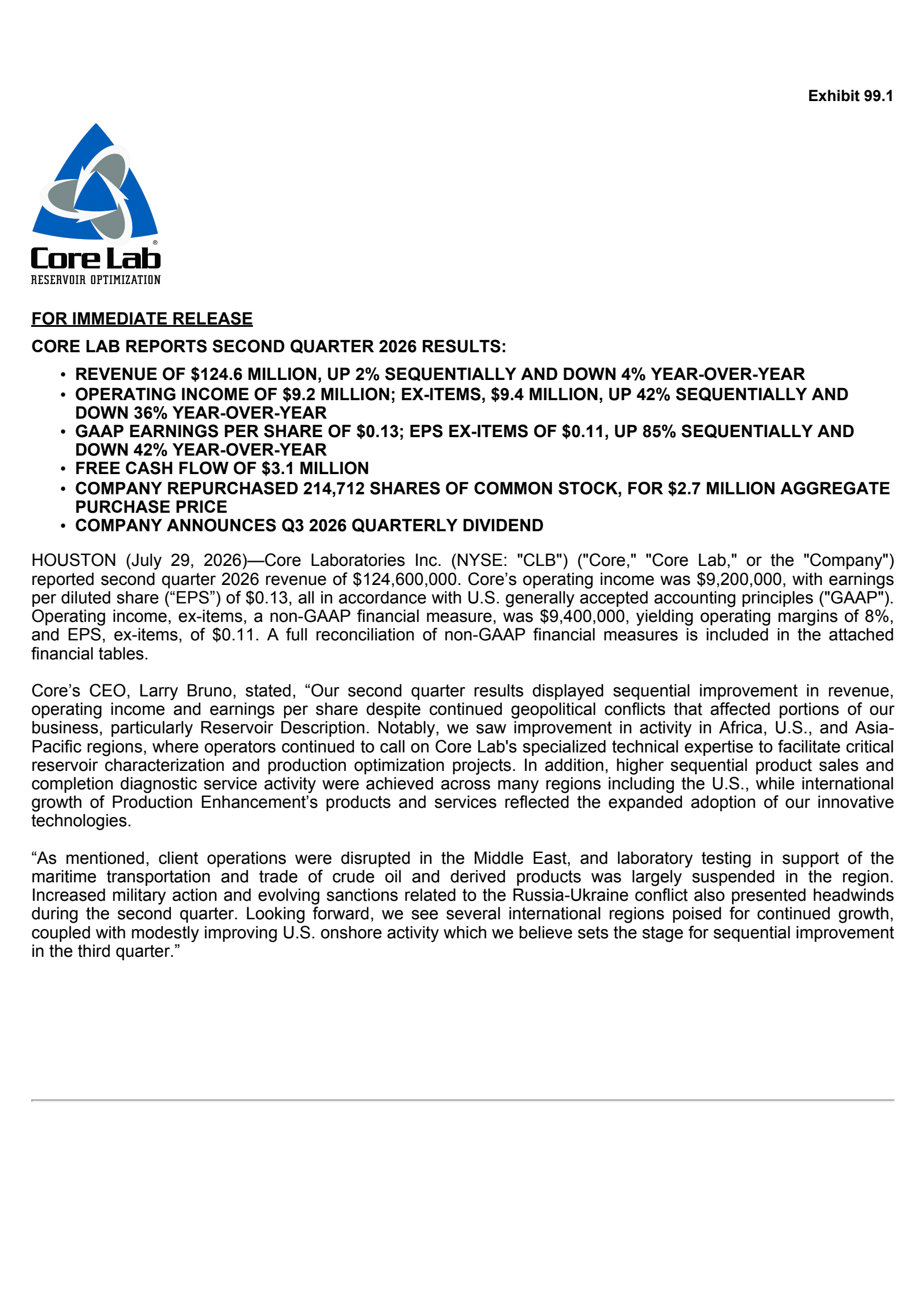 Core Laboratories' Q2 2026 Press Release
