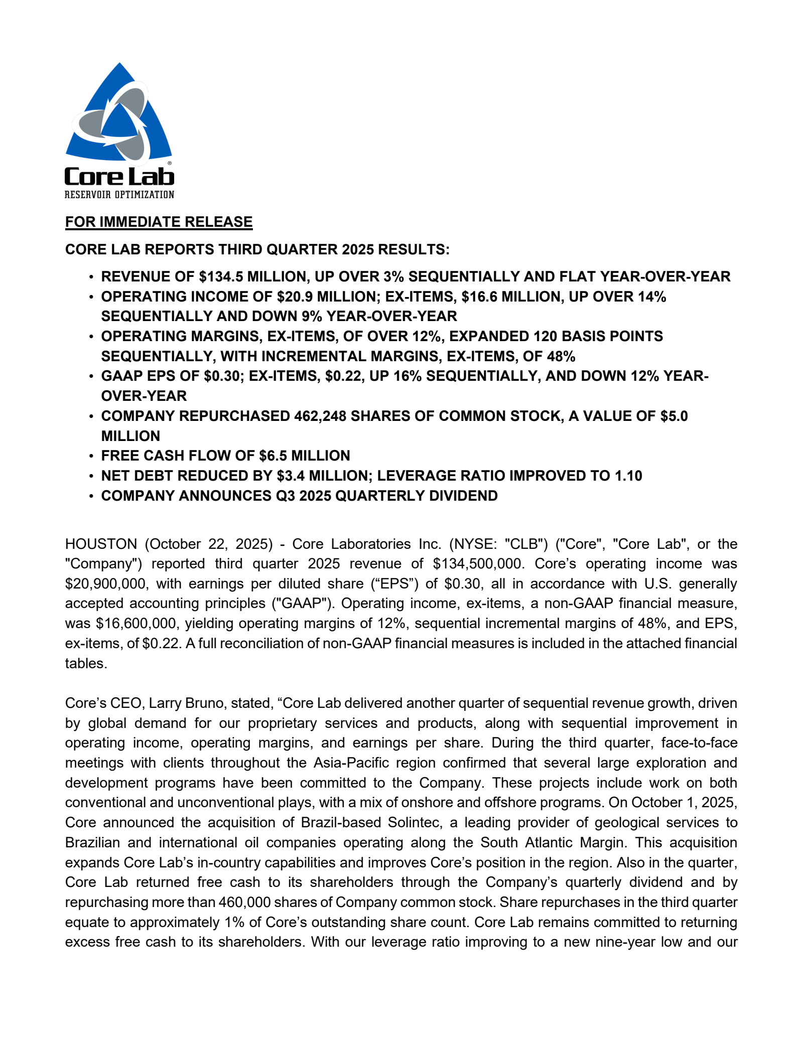 Core Laboratories' Q3 2025 Earnings Release