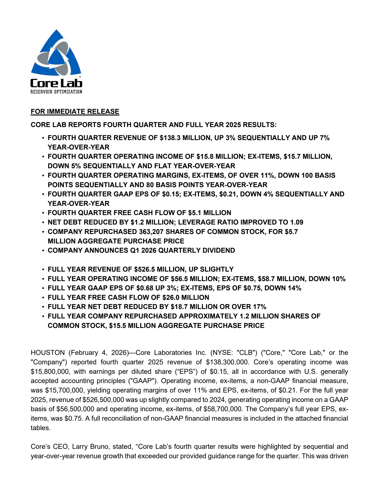 Core Laboratories' Q4 2025 Press Release