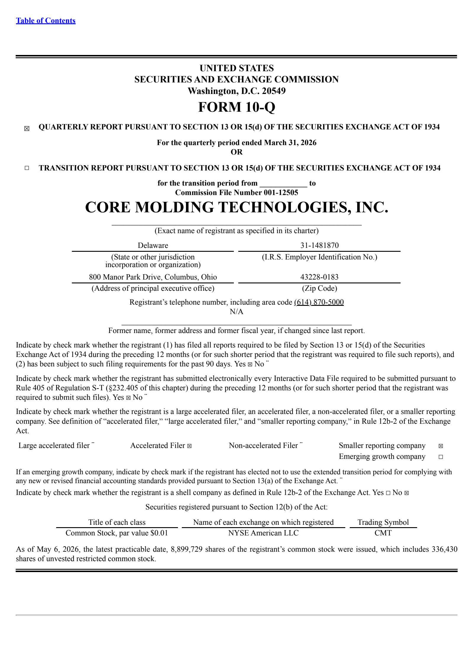 Core Molding Technologies' Q1 2026 Quarterly report