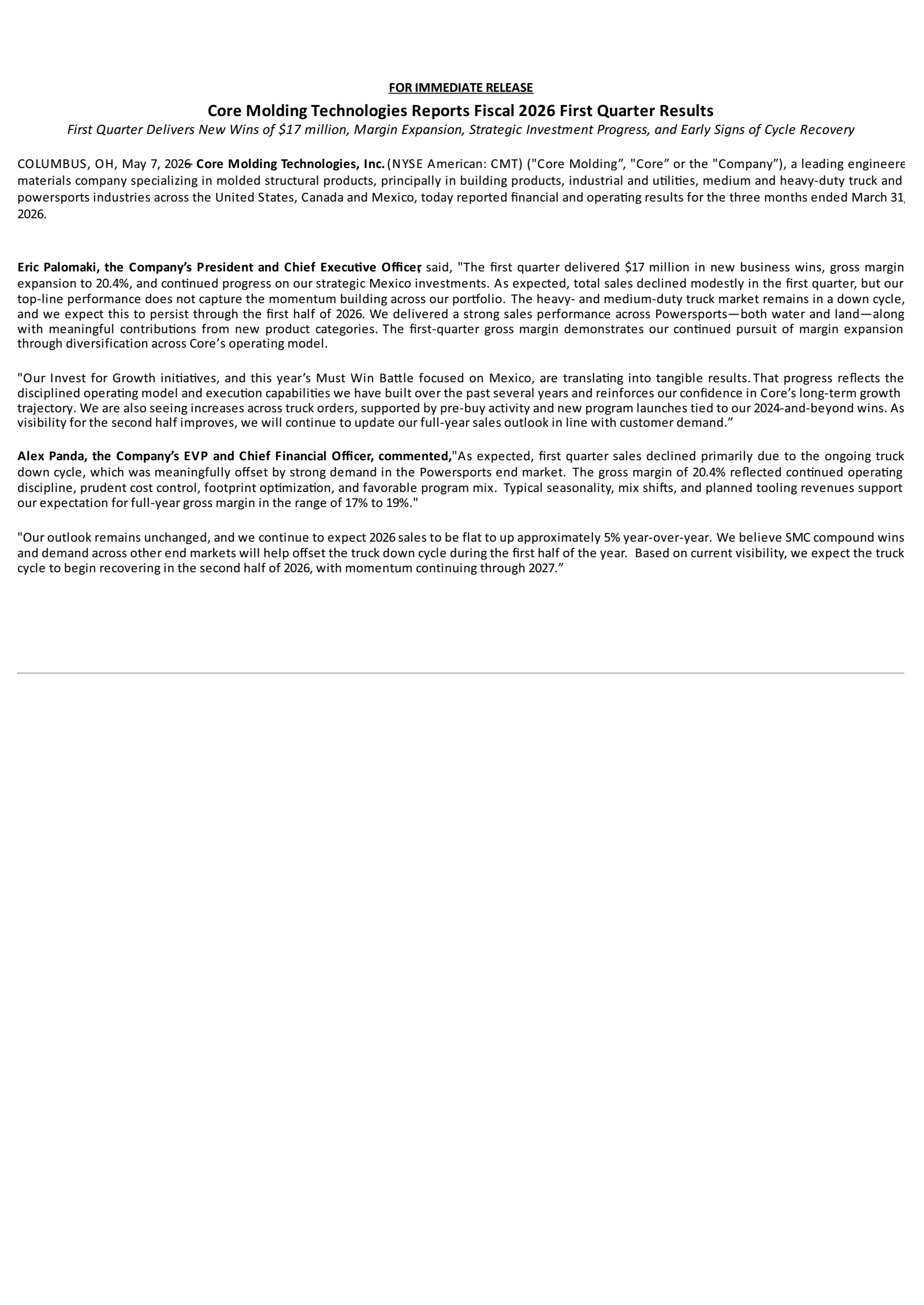 Core Molding Technologies' Q1 2026 Press Release