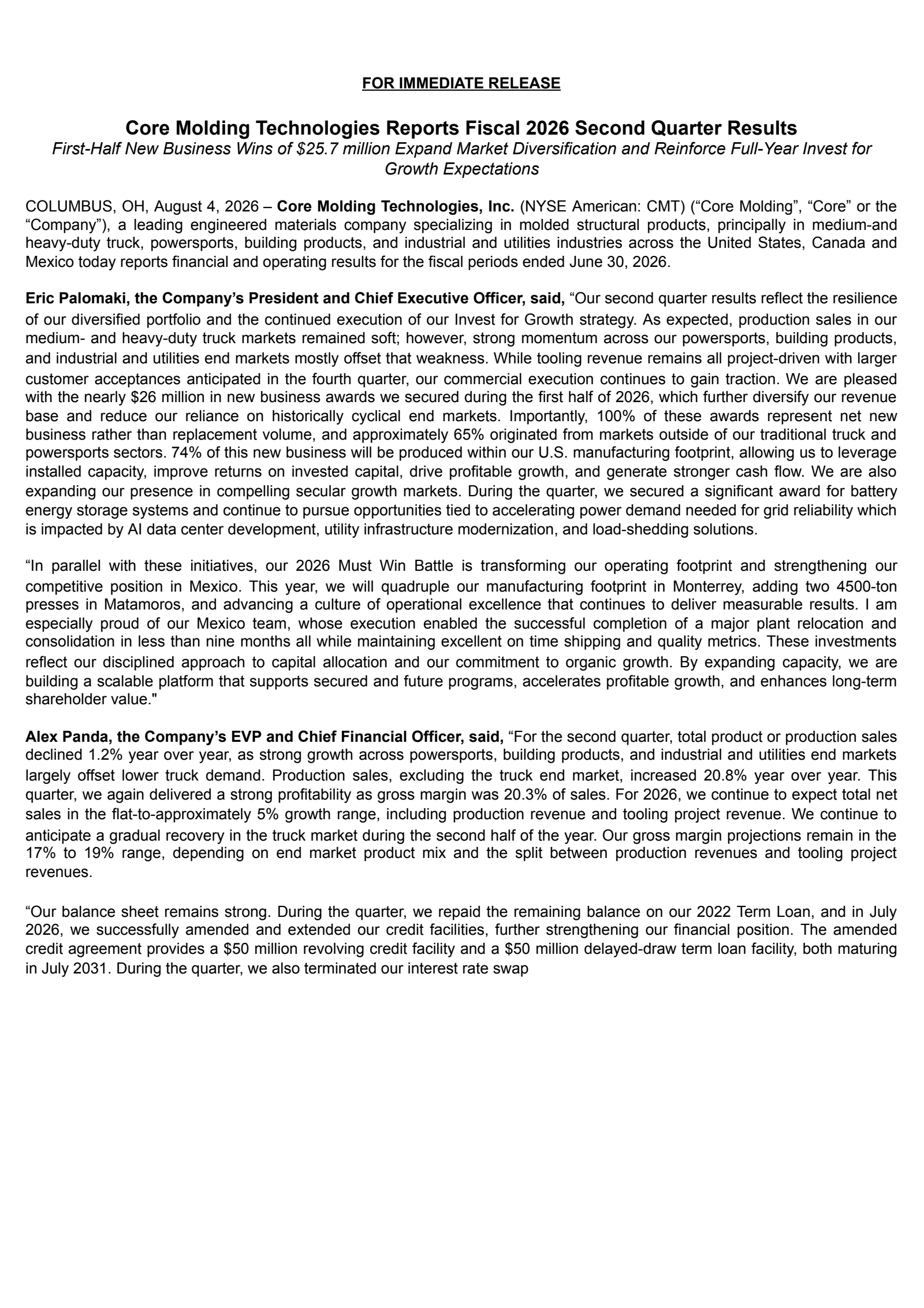 Core Molding Technologies' Q2 2026 Press Release
