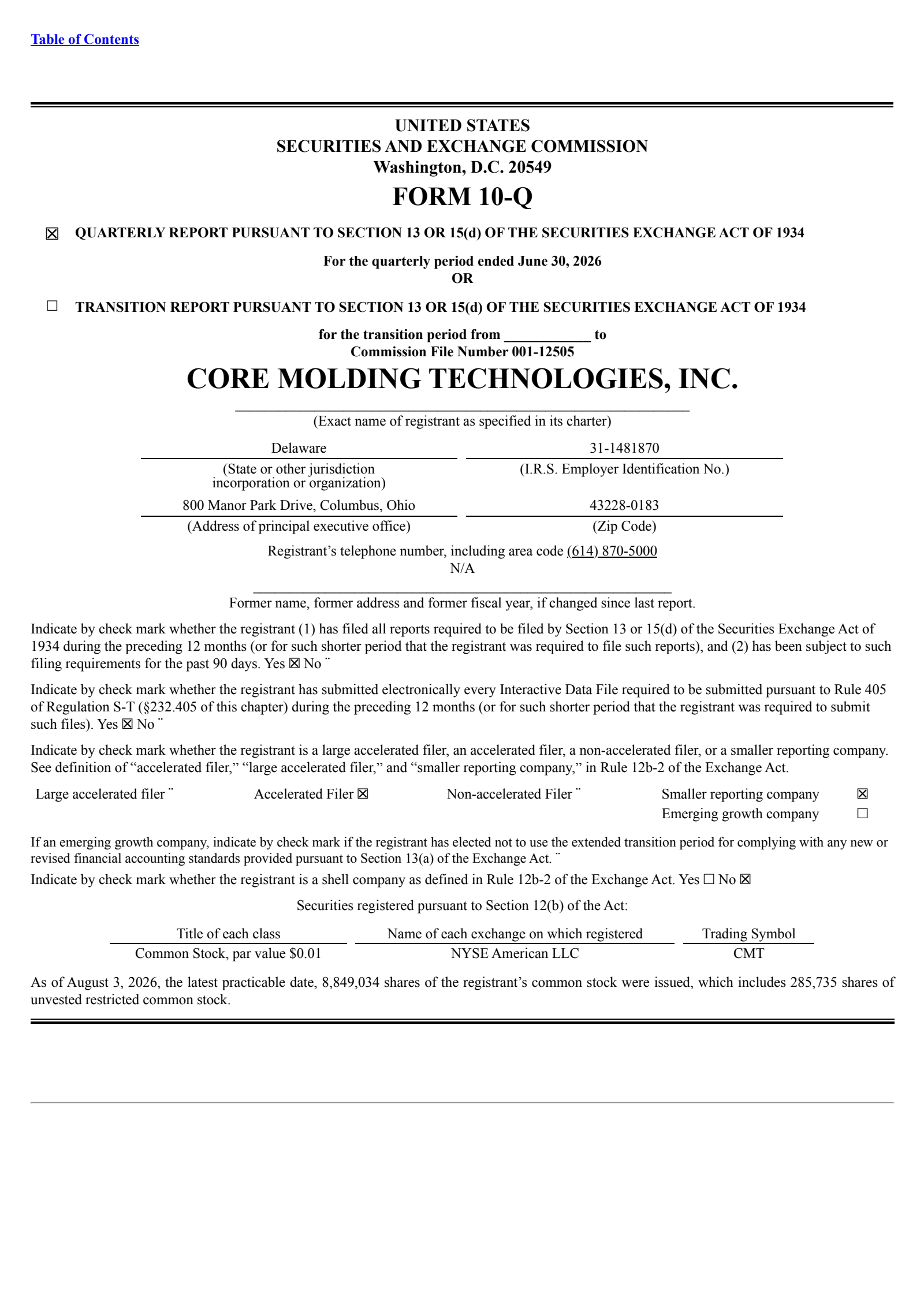 Core Molding Technologies' Q2 2026 Quarterly report