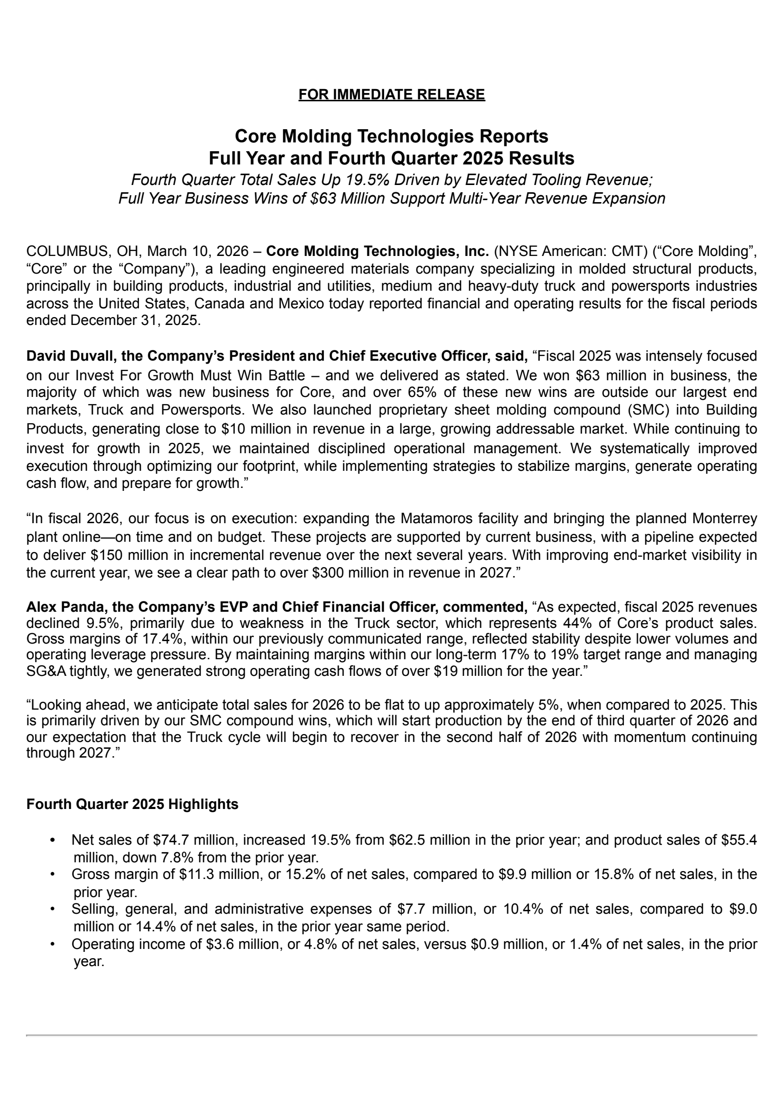 Core Molding Technologies' Q4 2025 Press Release