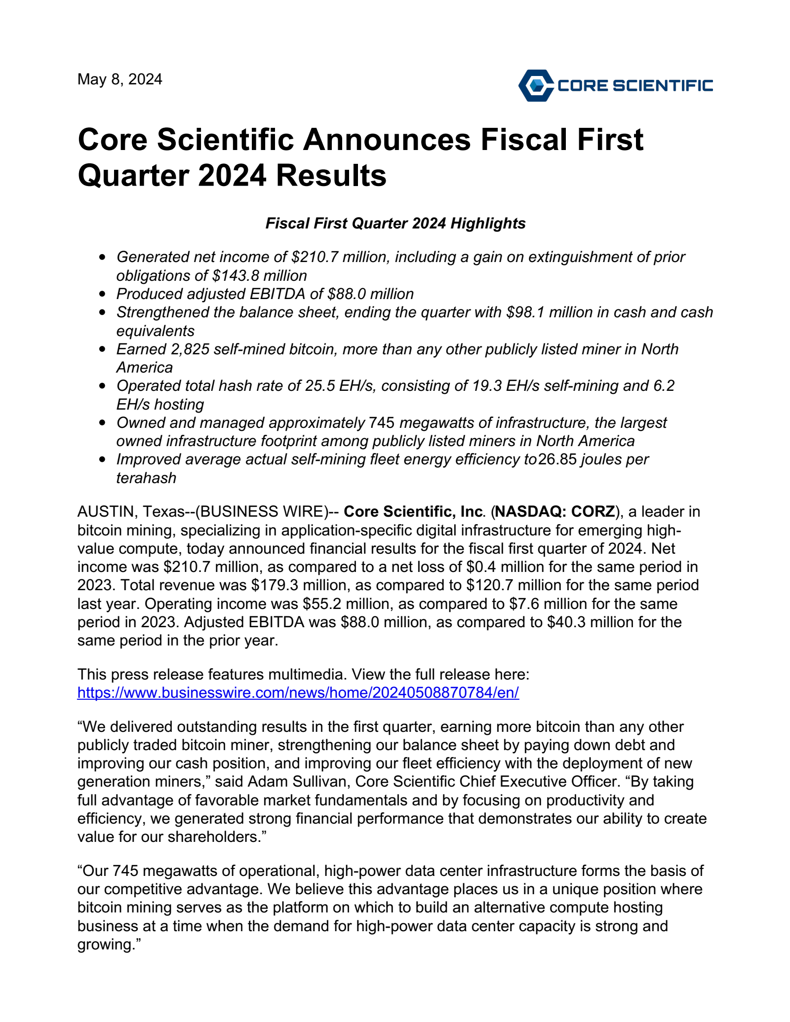 Core Scientific's Q1 2024 Earnings Release