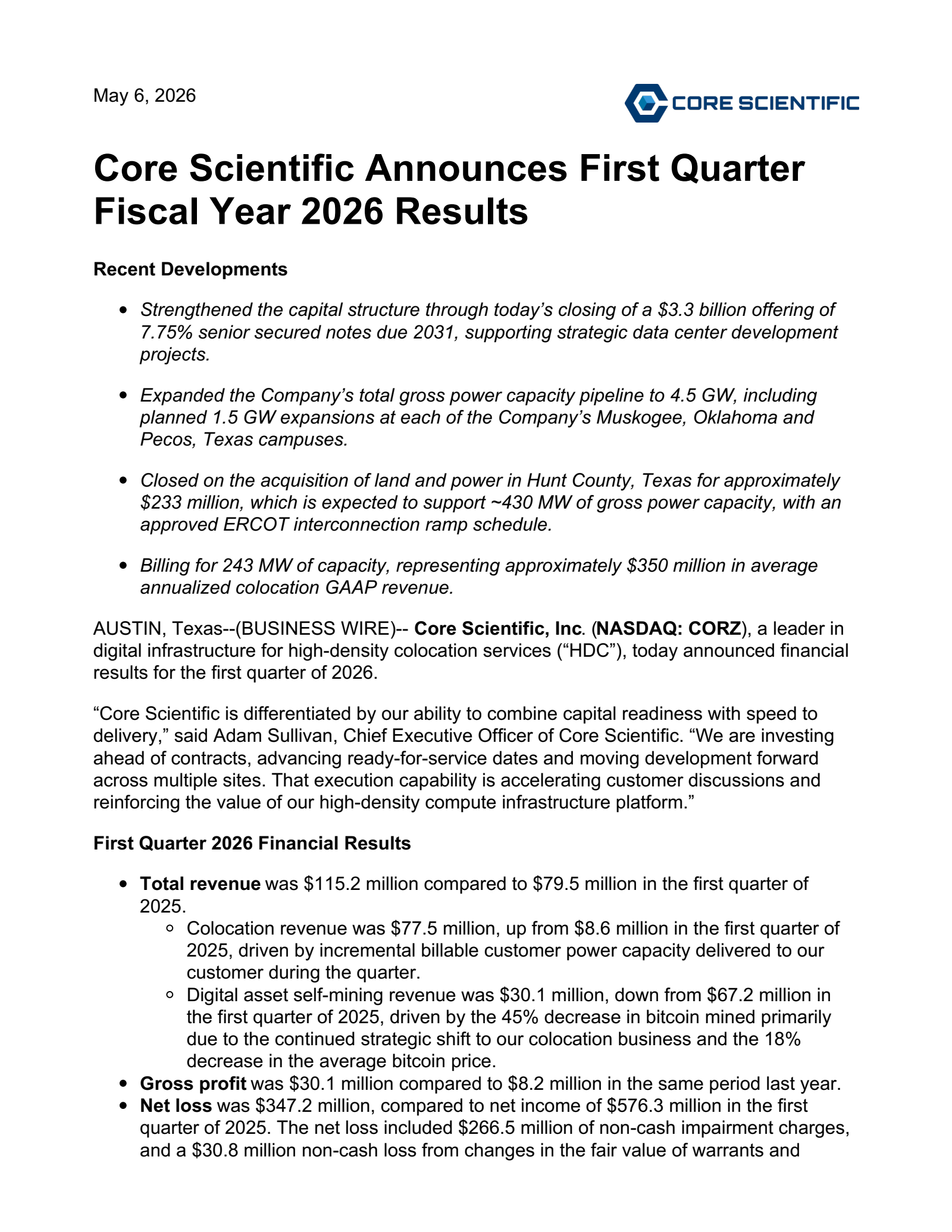 Core Scientific's Q1 2026 Press Release