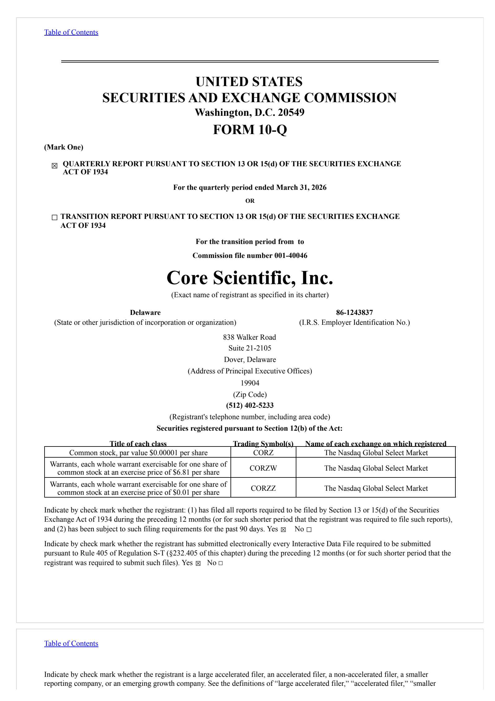 Core Scientific's Q1 2026 Quarterly report