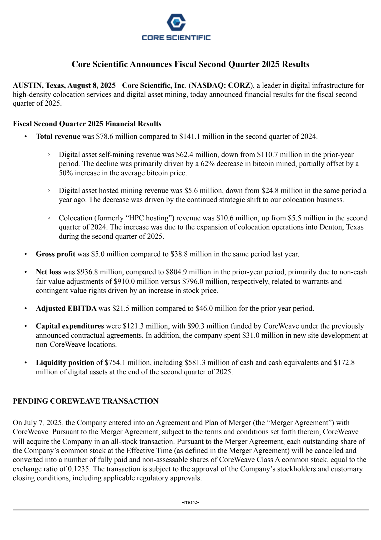 Core Scientific's Q2 2025 Press Release