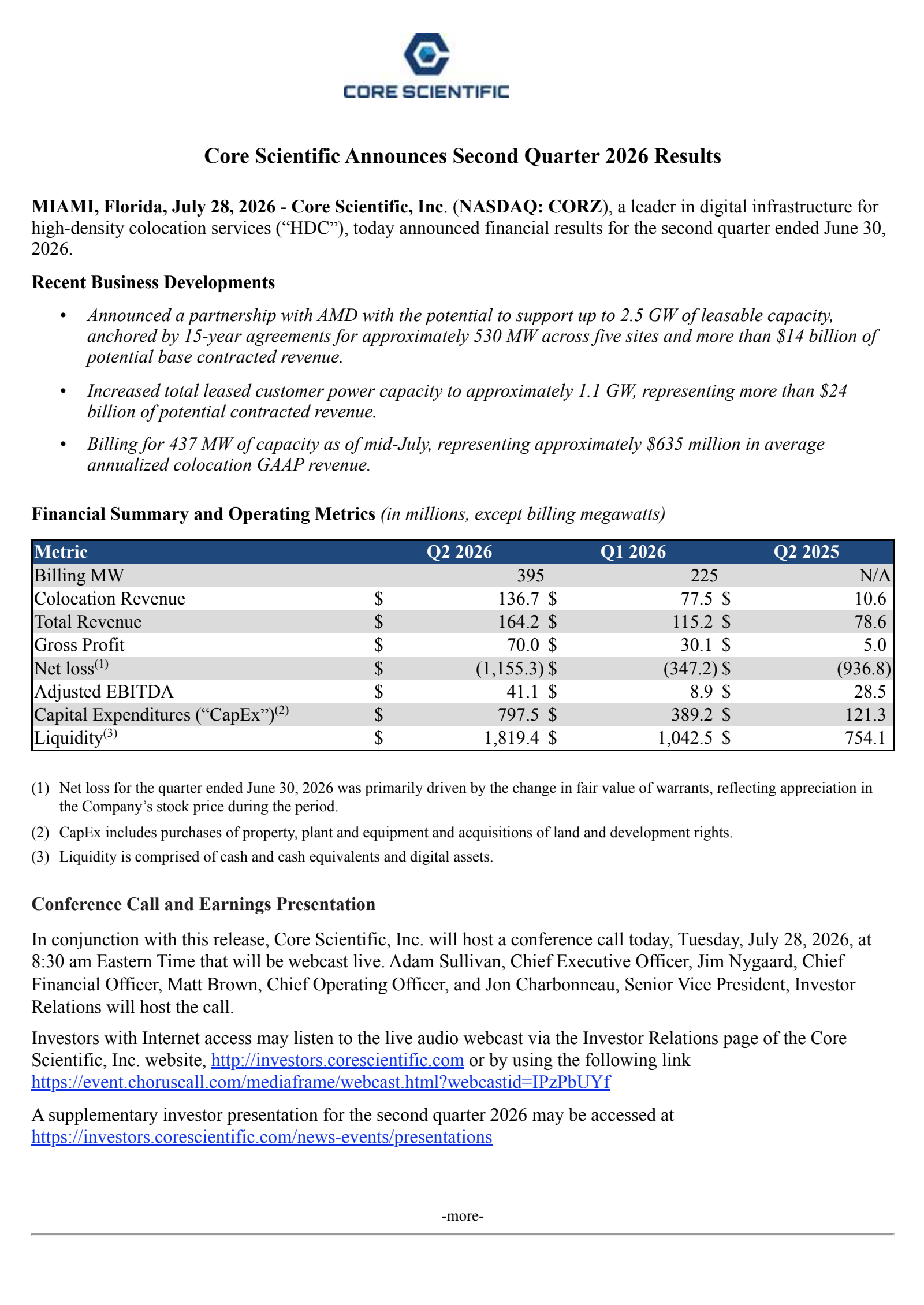 Core Scientific's Q2 2026 Press Release