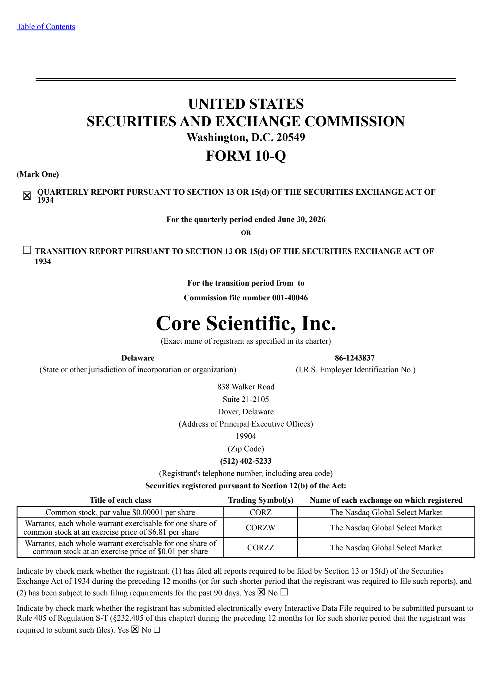 Core Scientific's Q2 2026 Quarterly report
