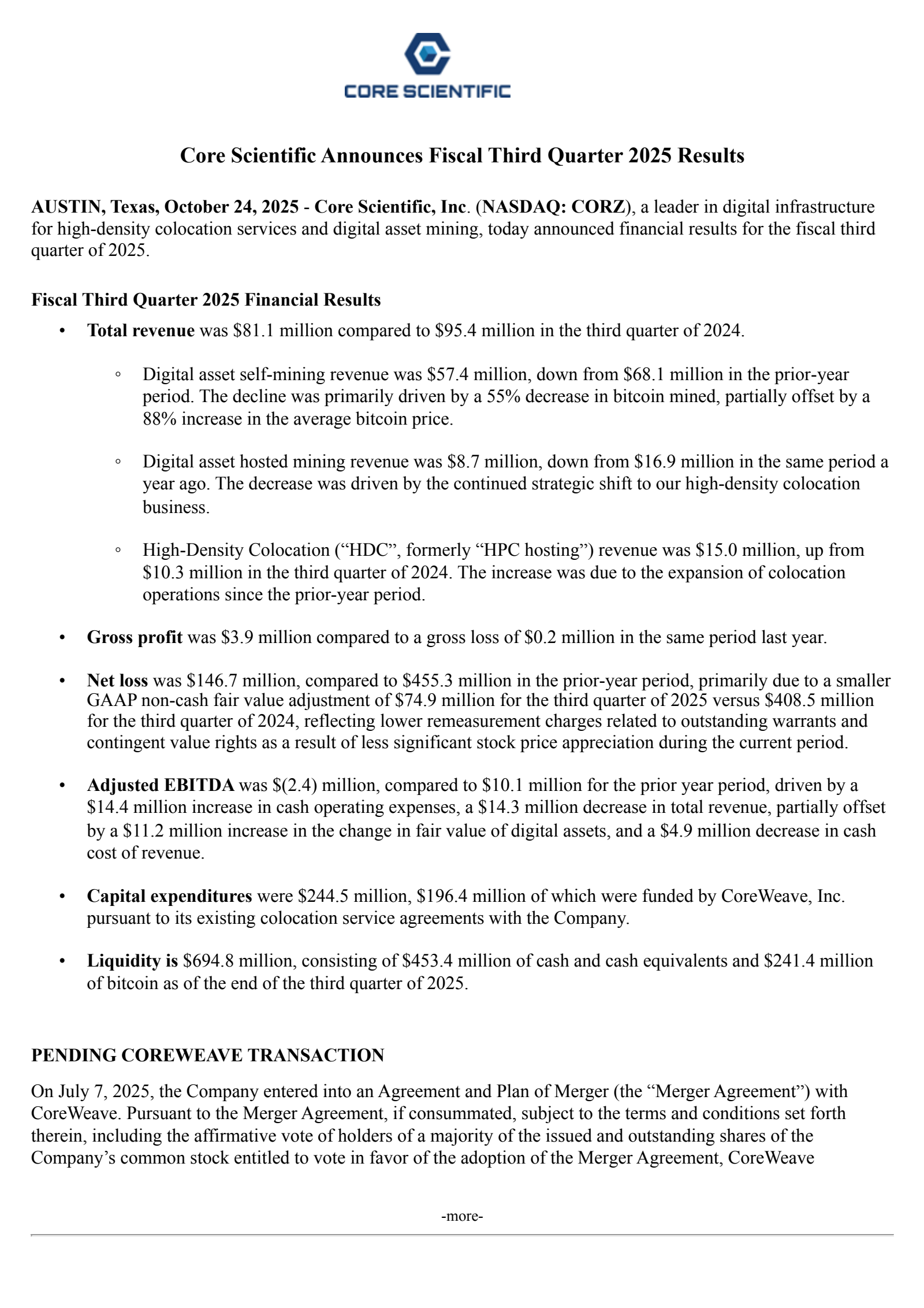Core Scientific's Q3 2025 Earnings Release
