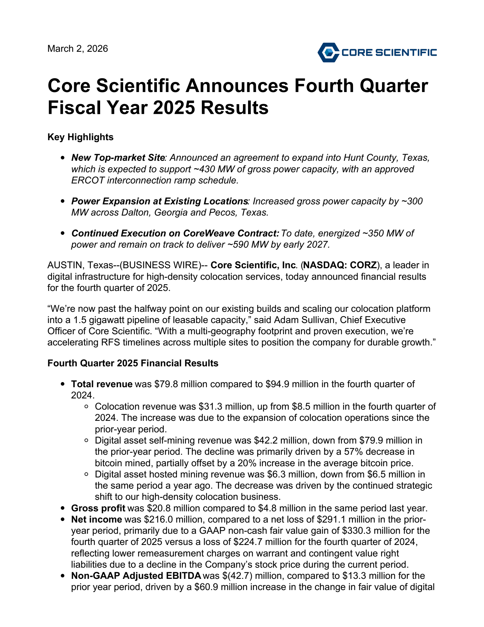 Core Scientific's Q4 2025 Press Release