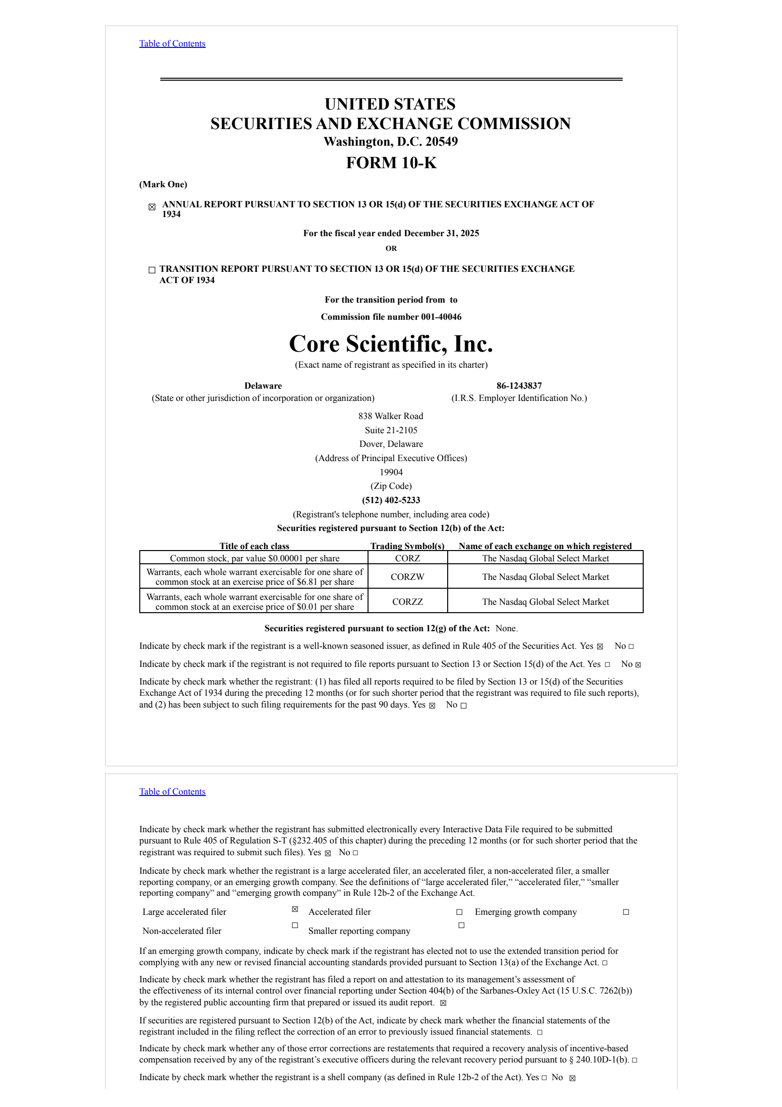 Core Scientific's Q4 2025 Annual report