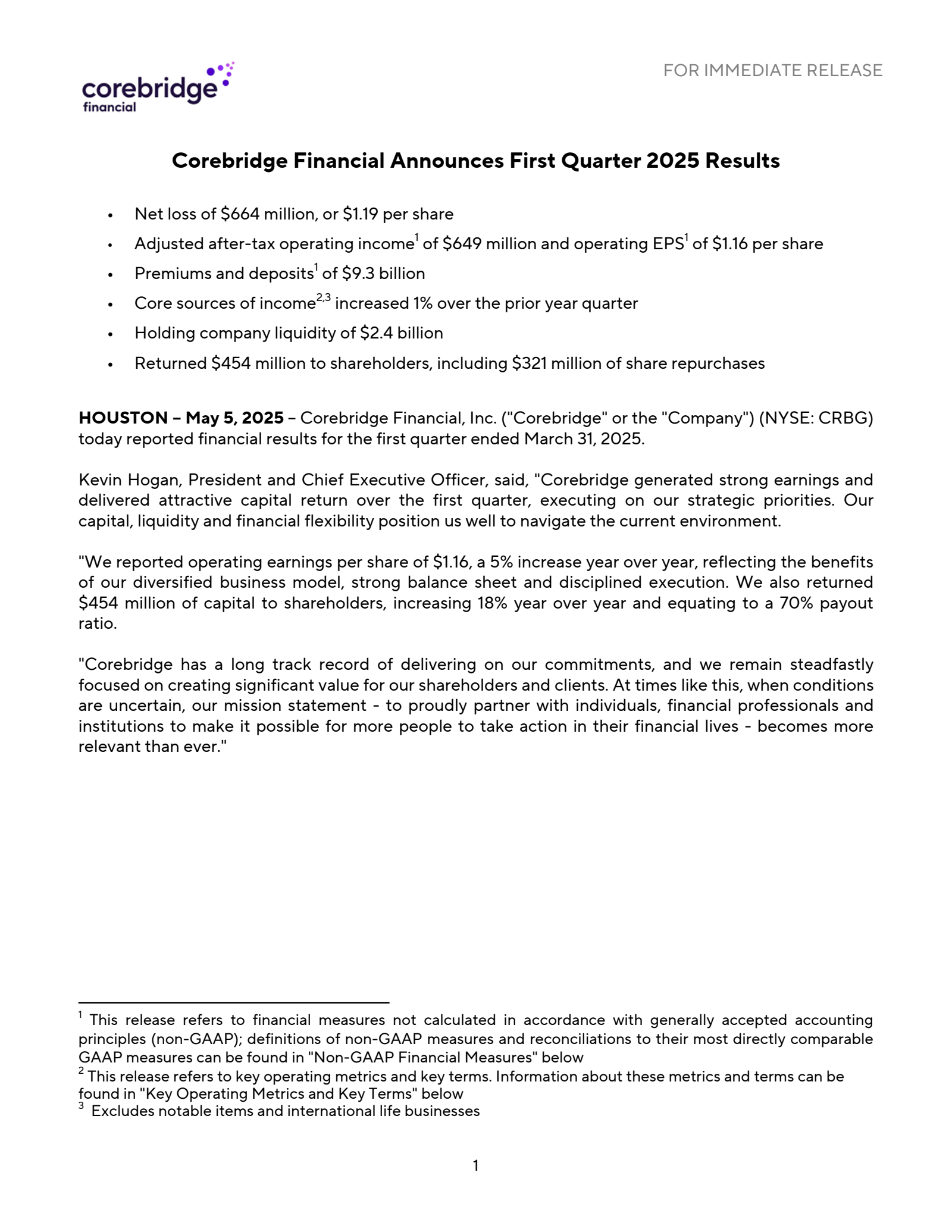 Corebridge Financial Withdrawal Form.pdf CRBG Q1 2025 Earnings Report on 5/5/2025