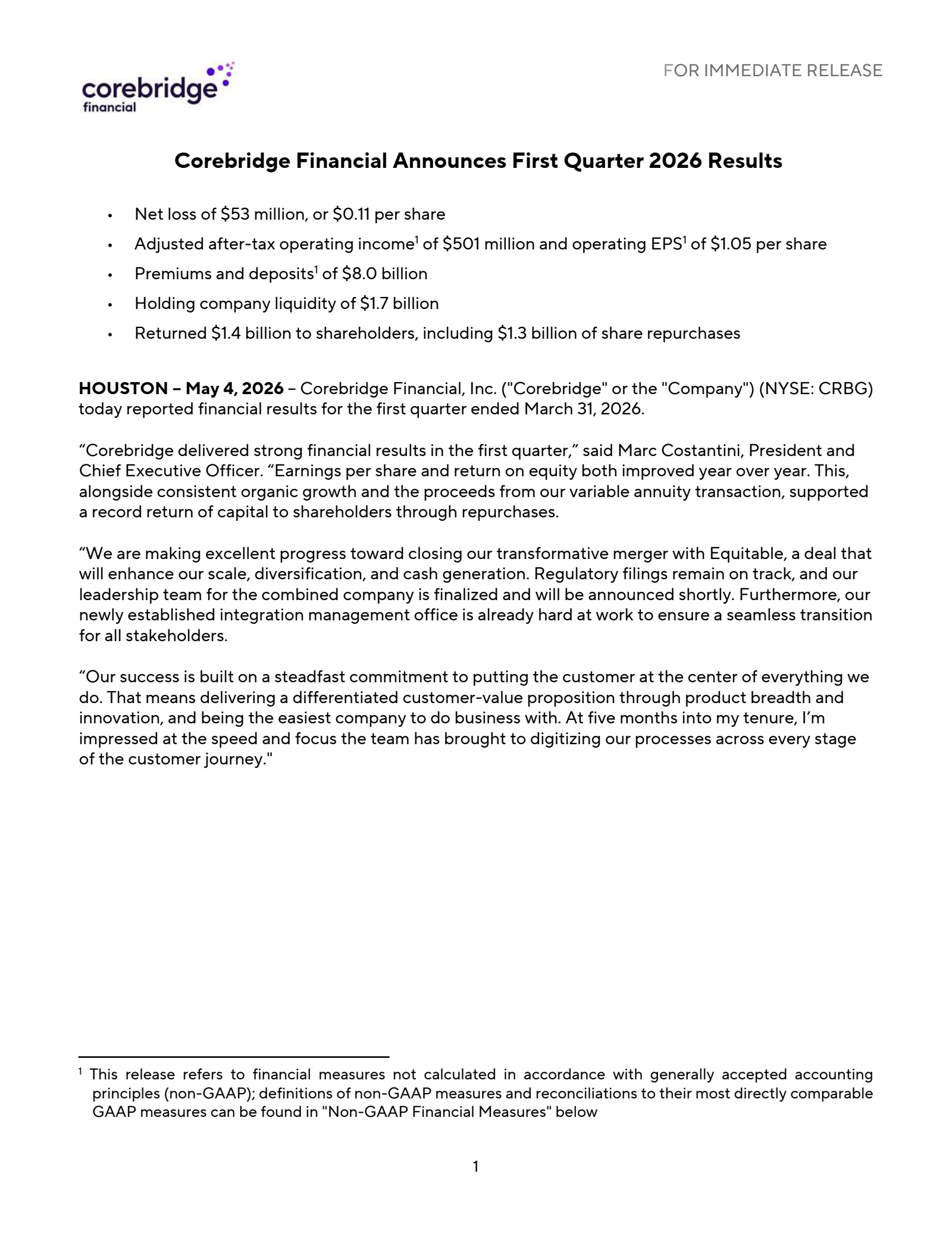 Corebridge Financial's Q1 2026 Press Release