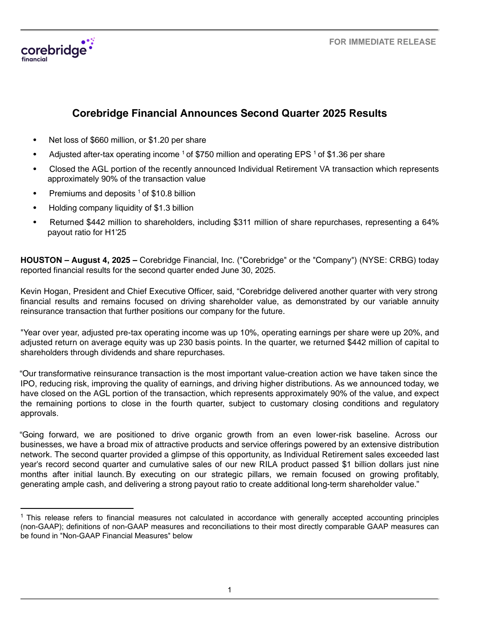 Corebridge Financial's Q2 2025 Press Release