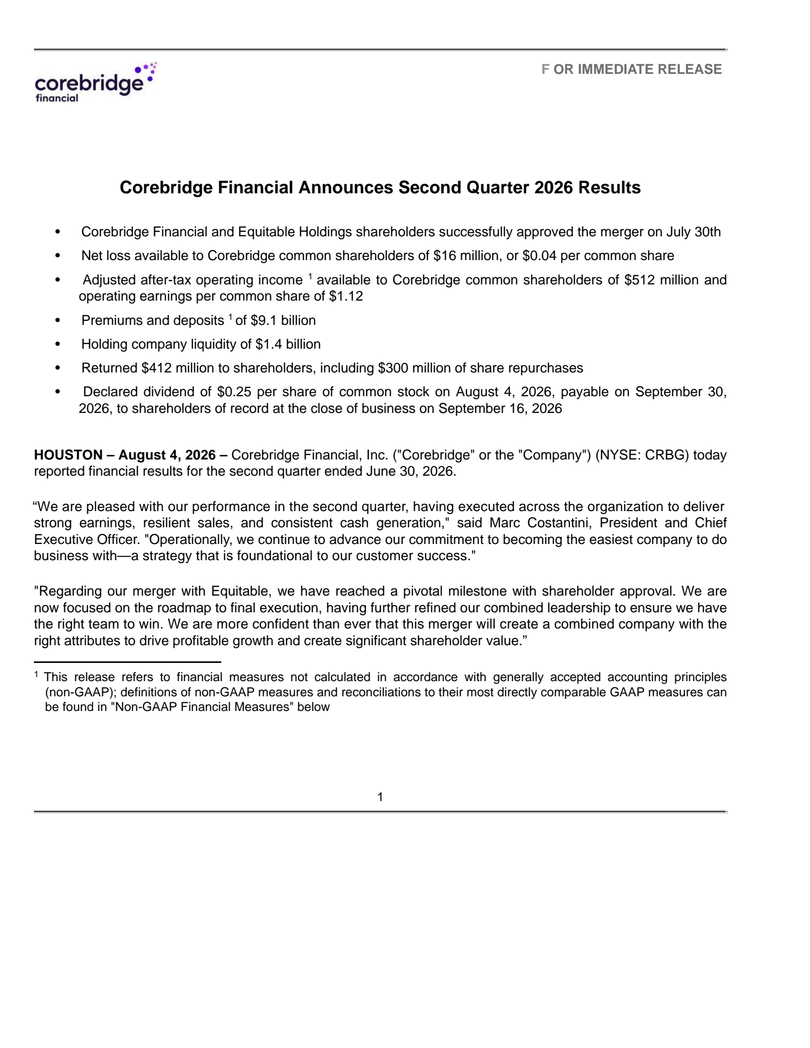Corebridge Financial's Q2 2026 Press Release