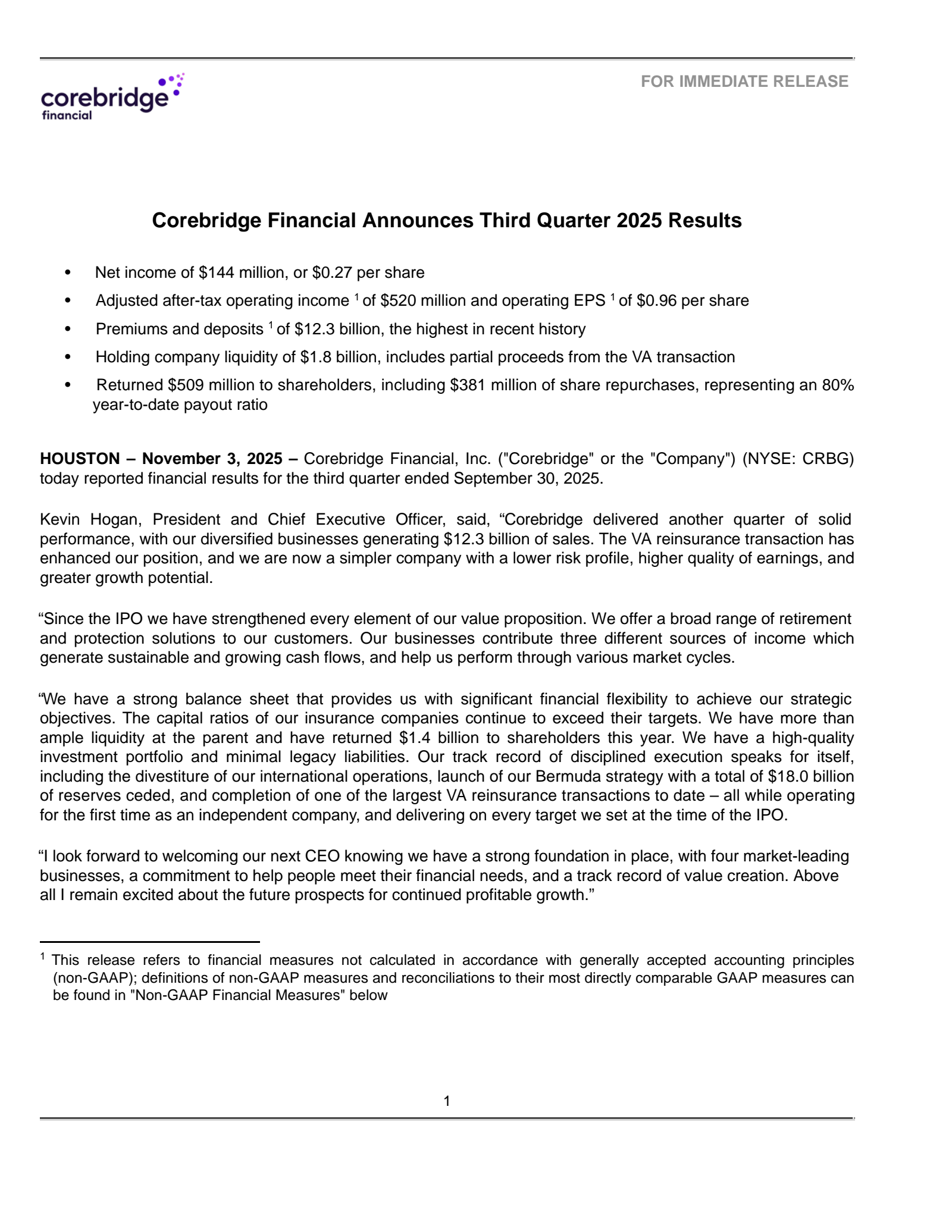 Corebridge Financial's Q3 2025 Earnings Release