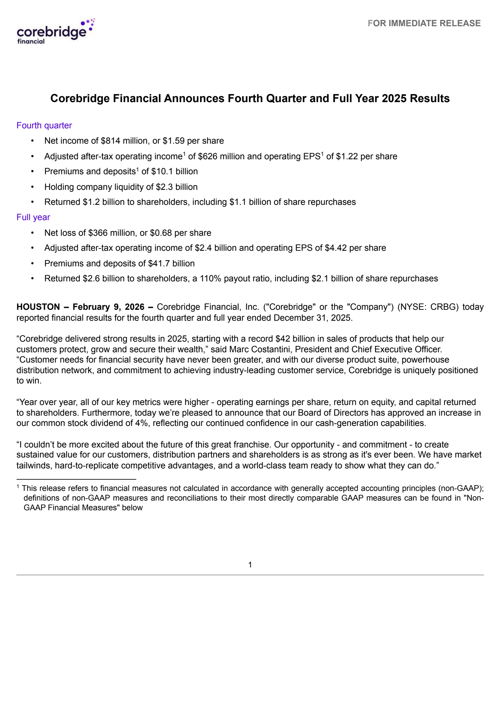 Corebridge Financial's Q4 2025 Press Release
