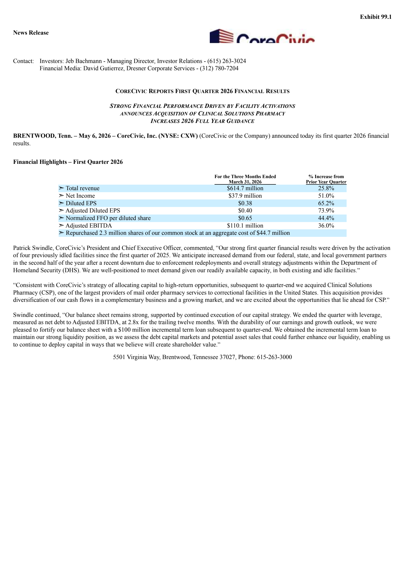 CoreCivic's Q1 2026 Press Release