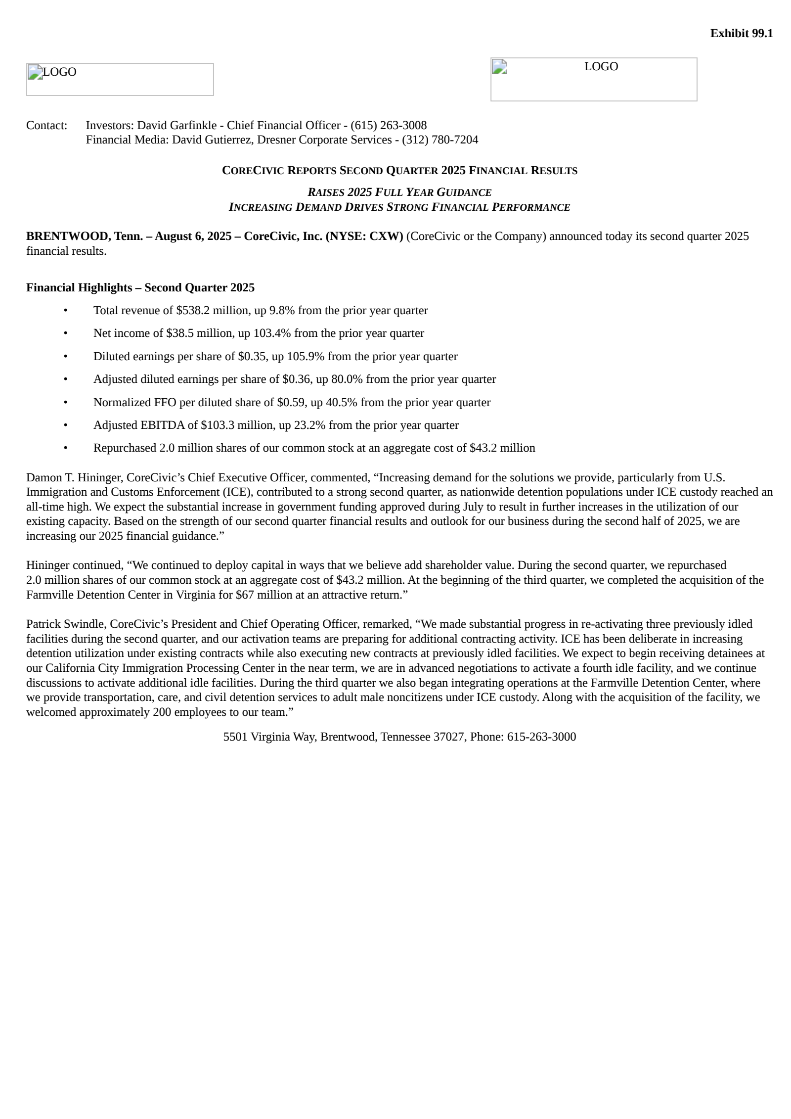 CoreCivic's Q2 2025 Press Release