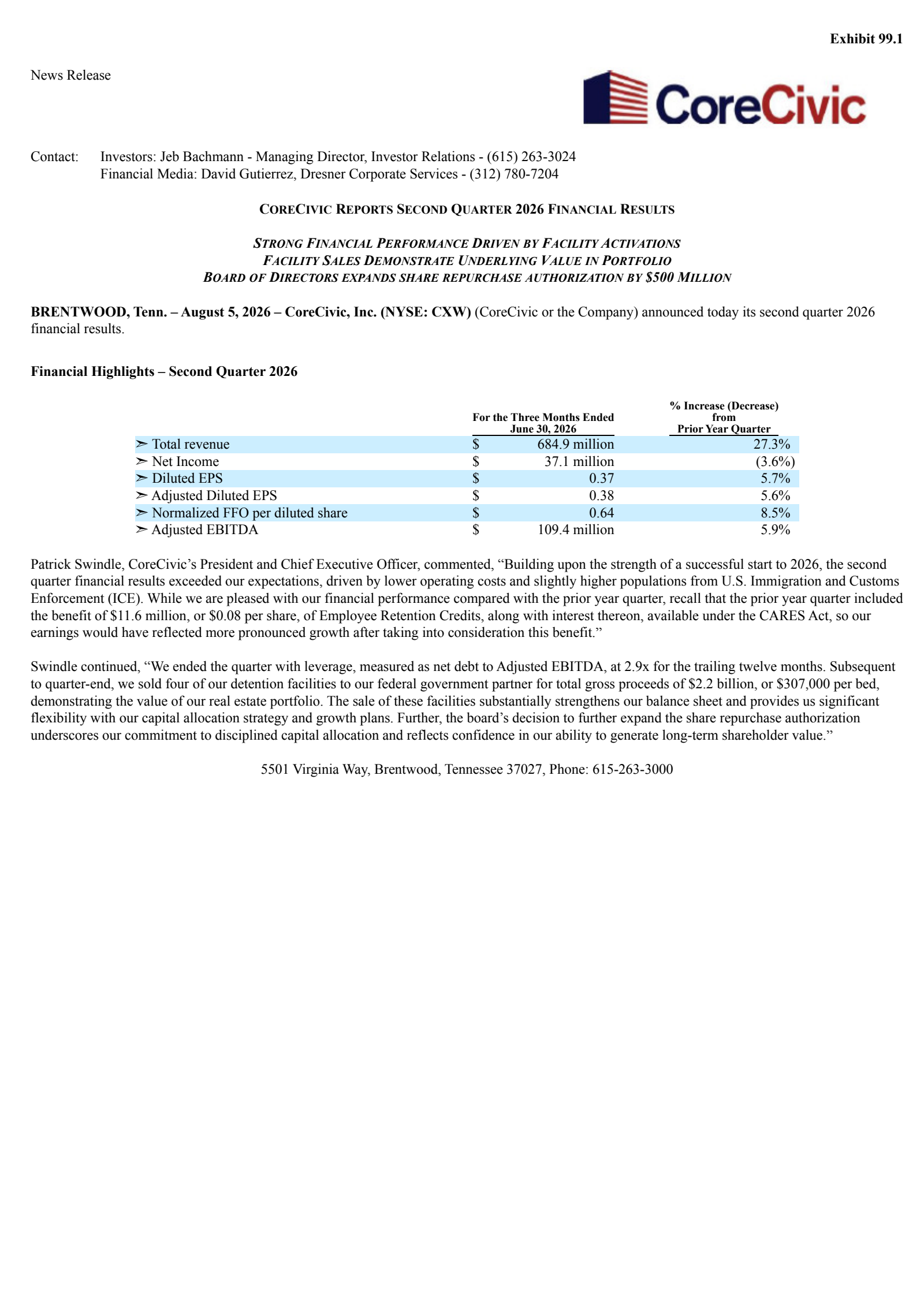 CoreCivic's Q2 2026 Press Release