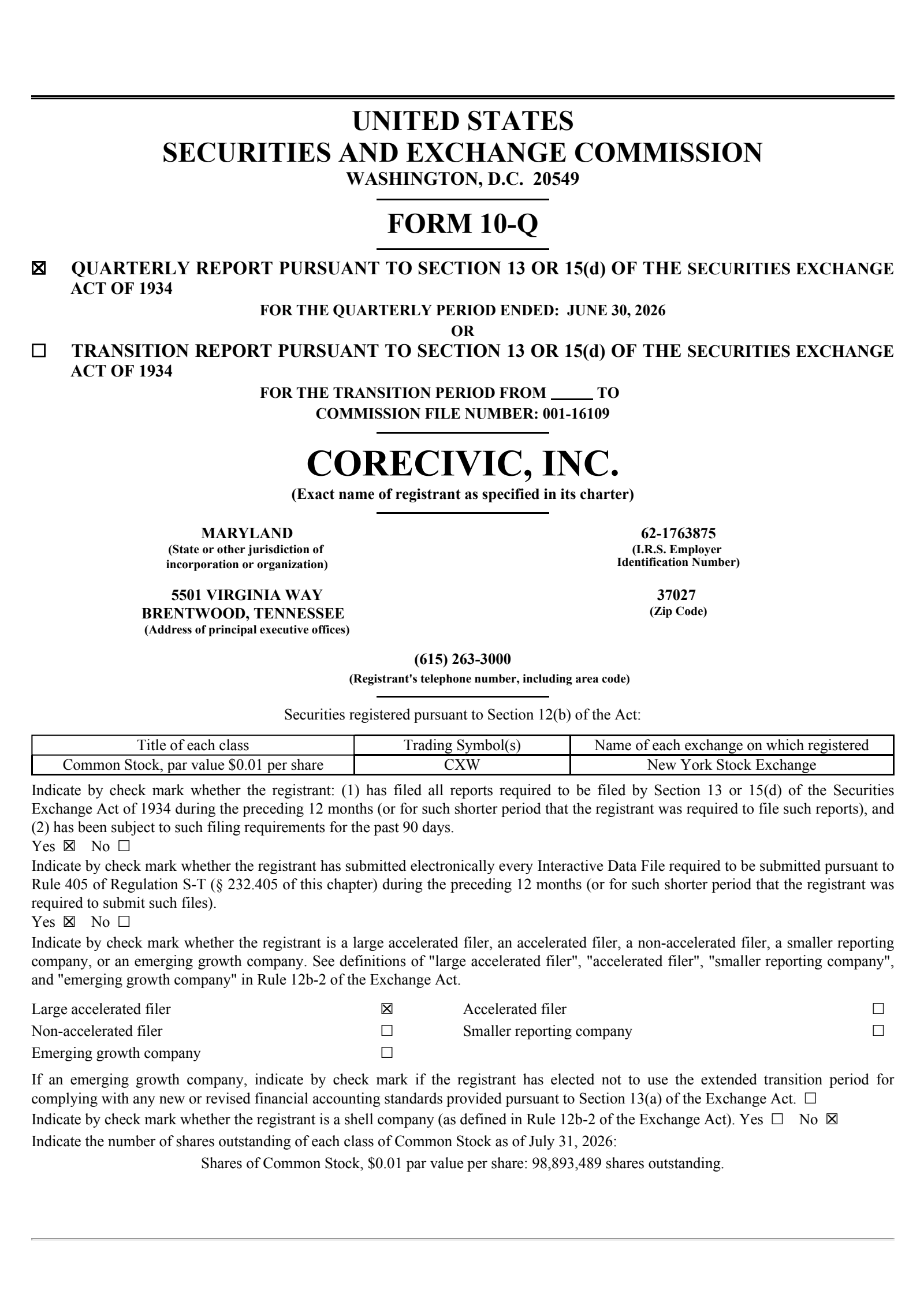 CoreCivic's Q2 2026 Quarterly report