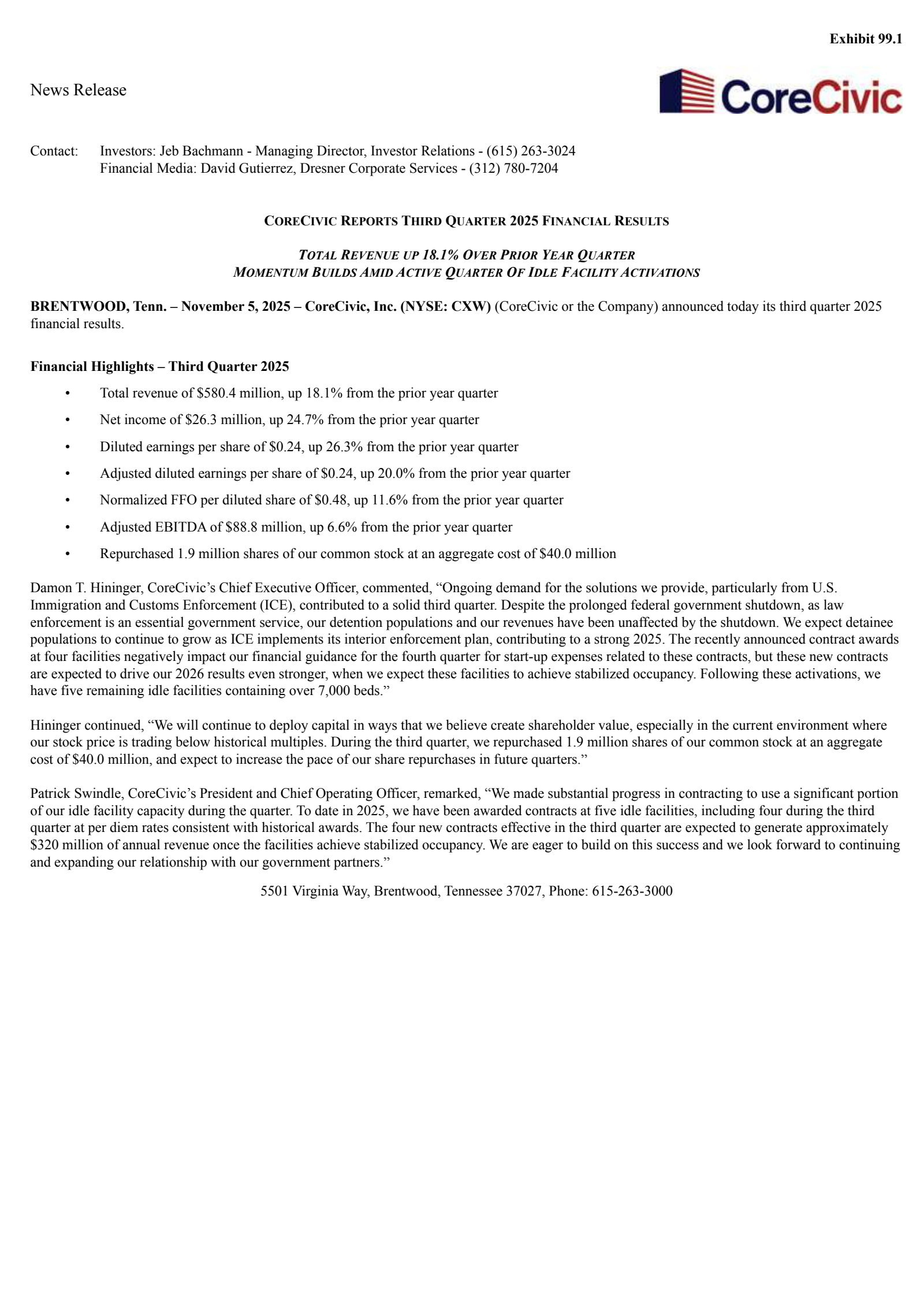 CoreCivic's Q3 2025 Earnings Release