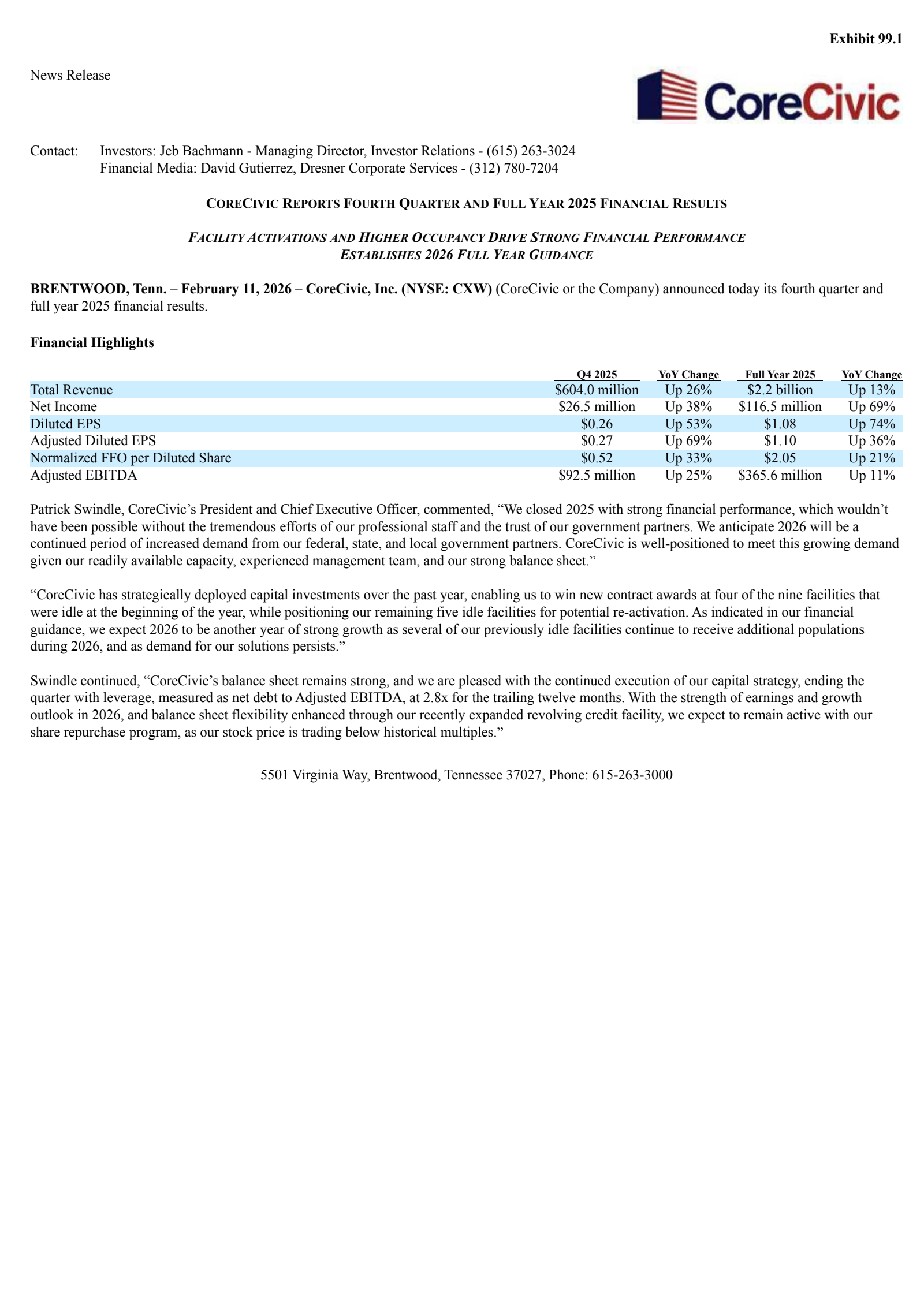 CoreCivic's Q4 2025 Press Release