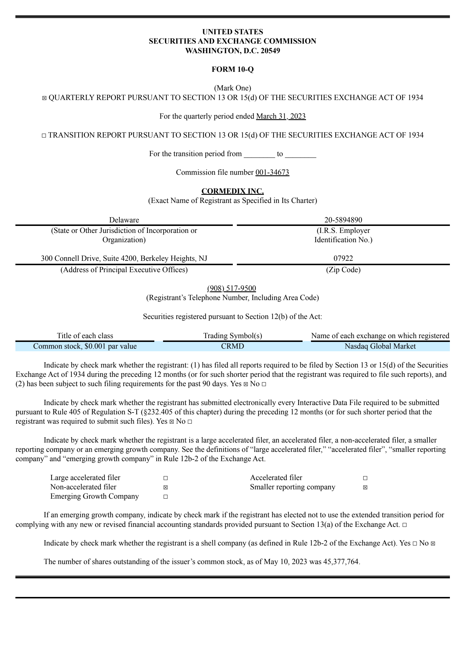 CorMedix's Q1 2023 Quarterly report