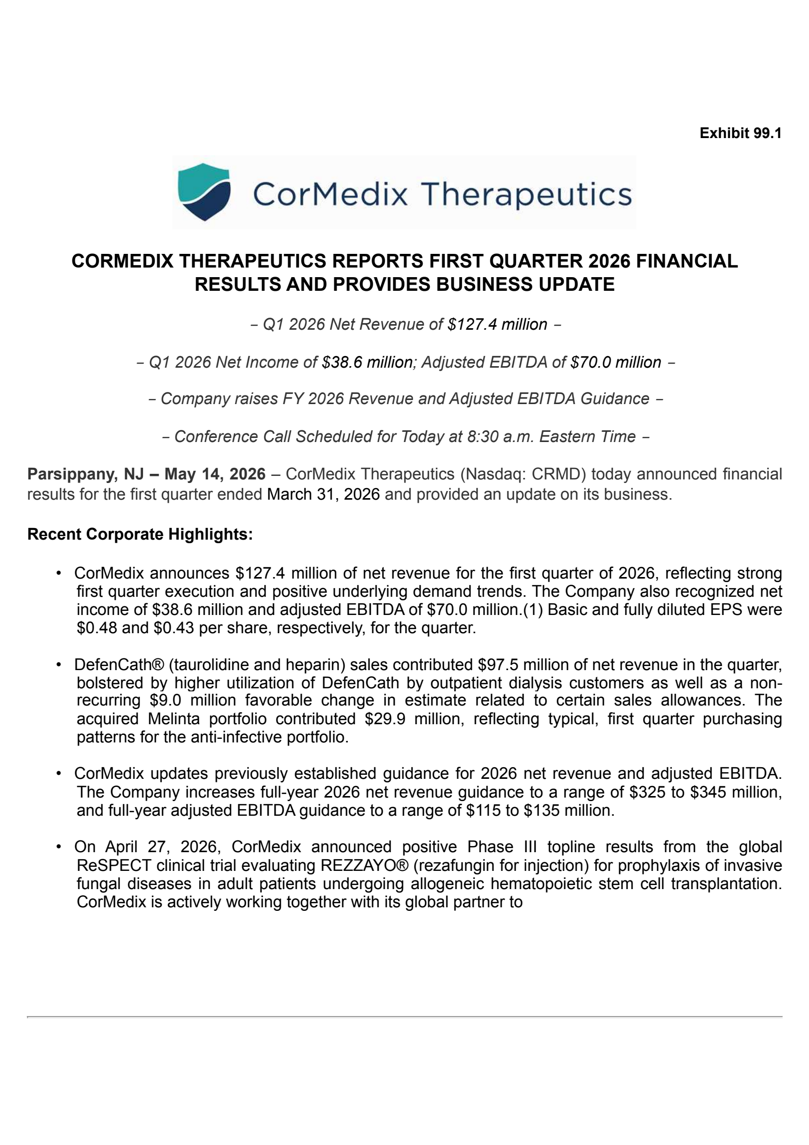 CorMedix's Q1 2026 Press Release