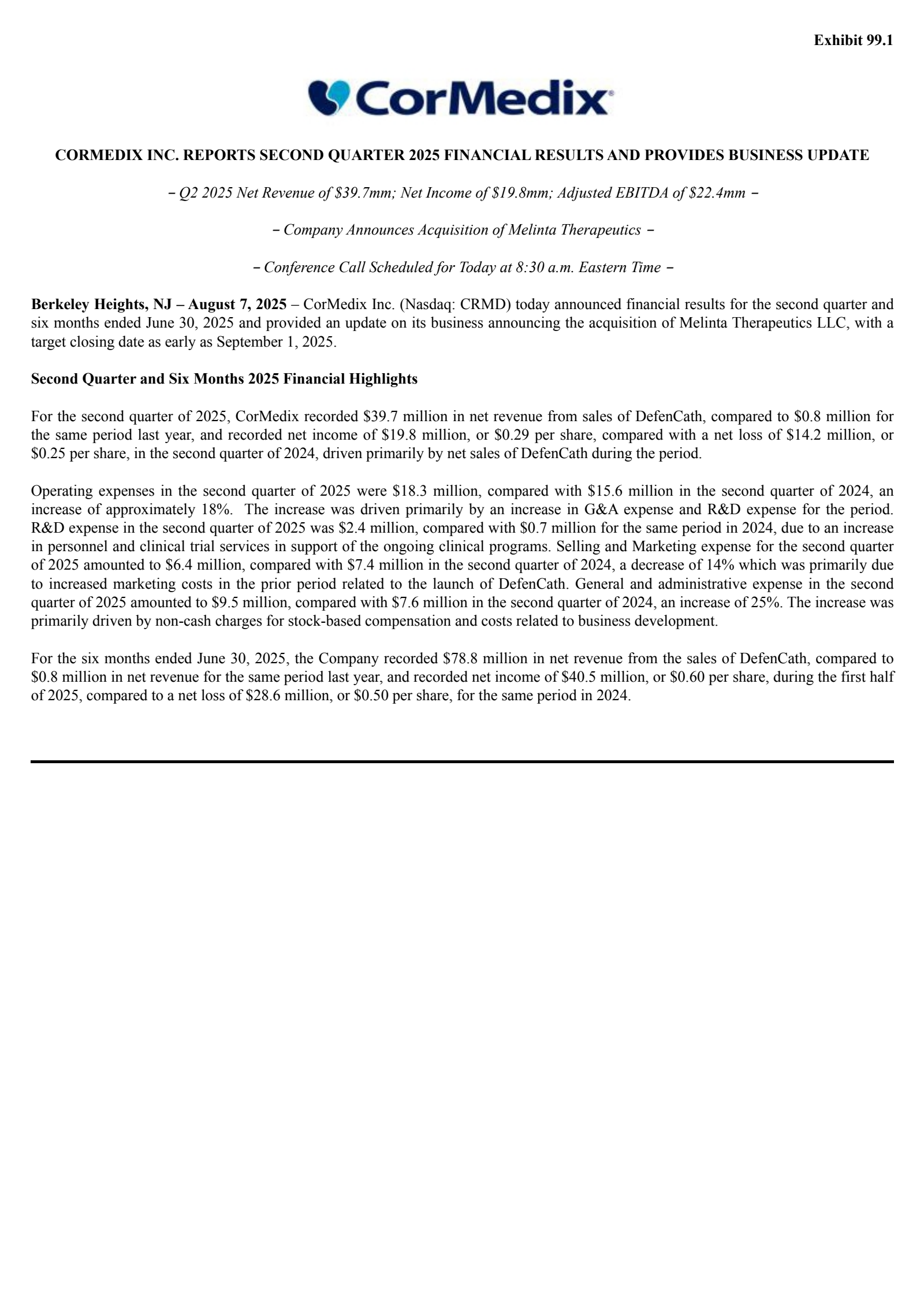 CorMedix's Q2 2025 Press Release