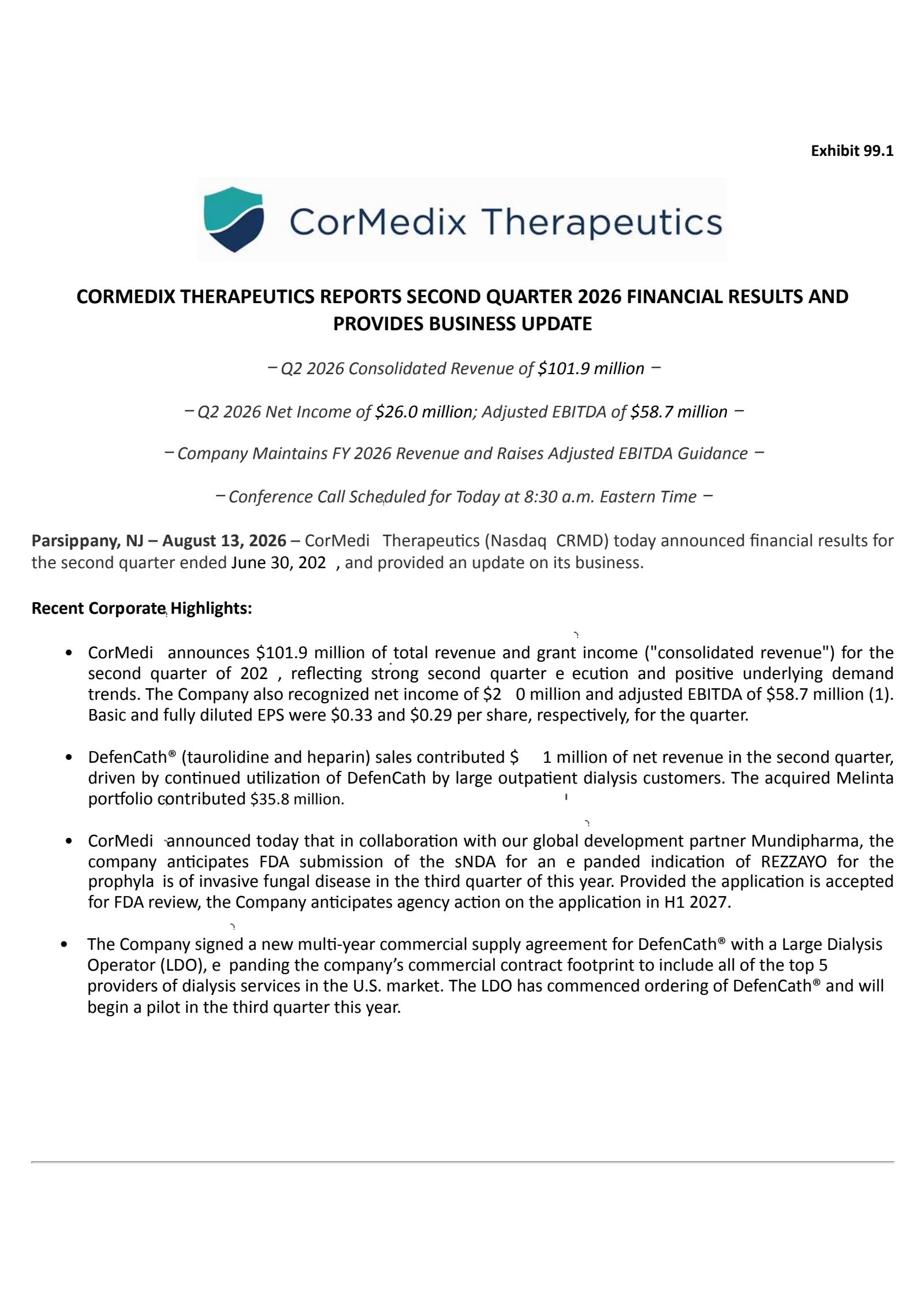CorMedix's Q2 2026 Press Release