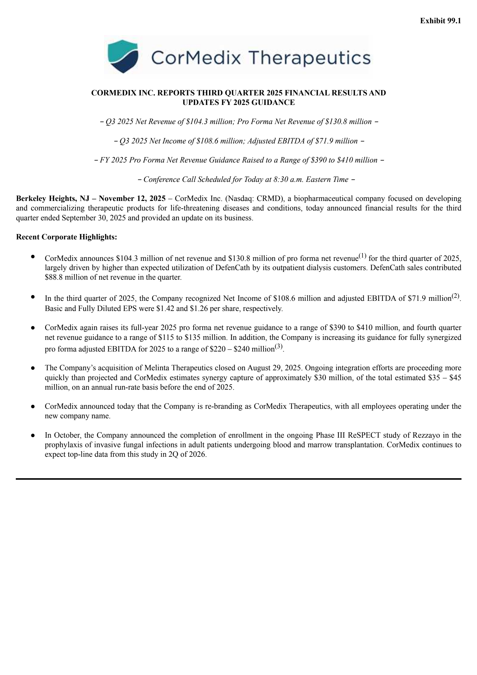 CorMedix's Q3 2025 Earnings Release