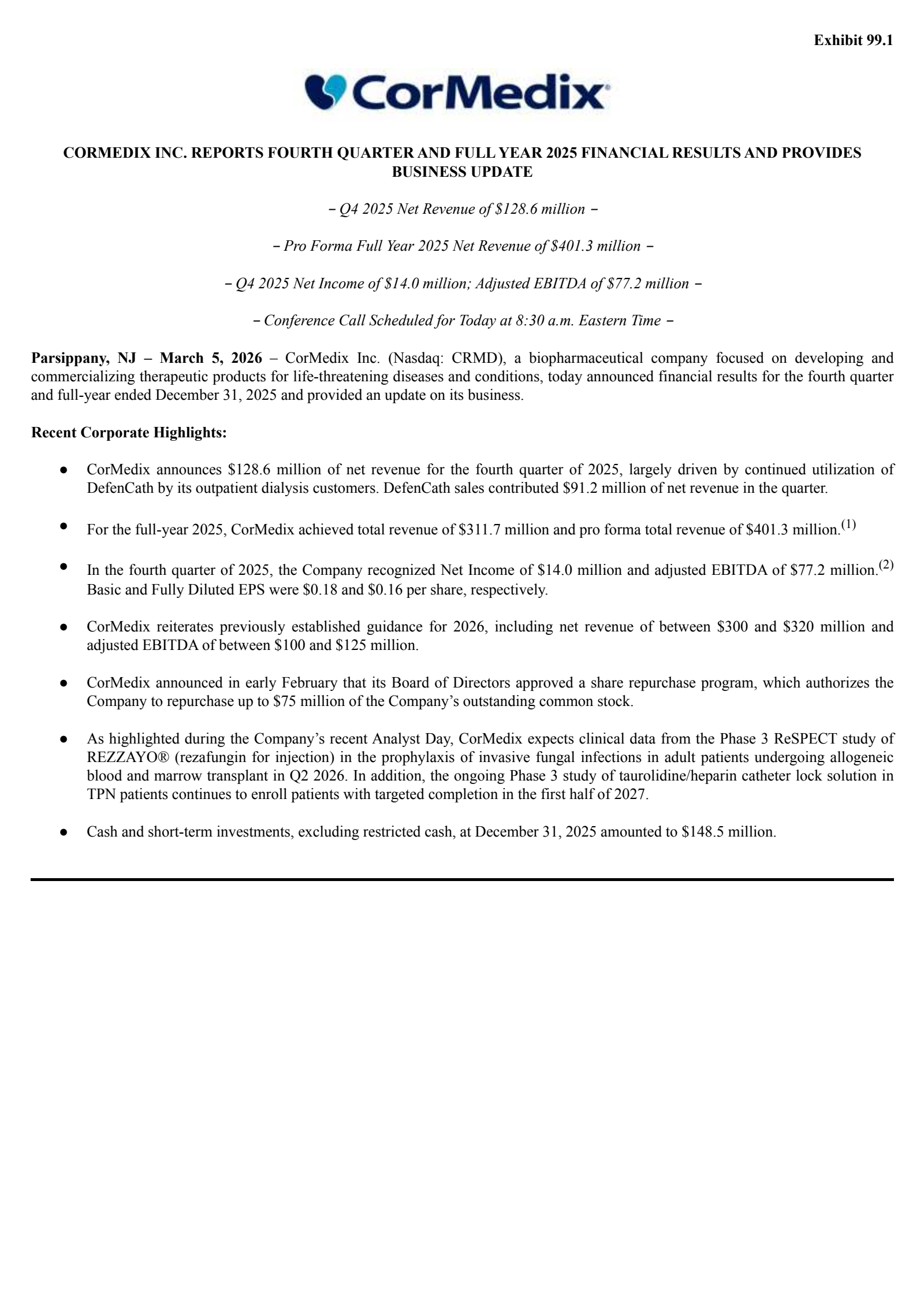 CorMedix's Q4 2025 Press Release