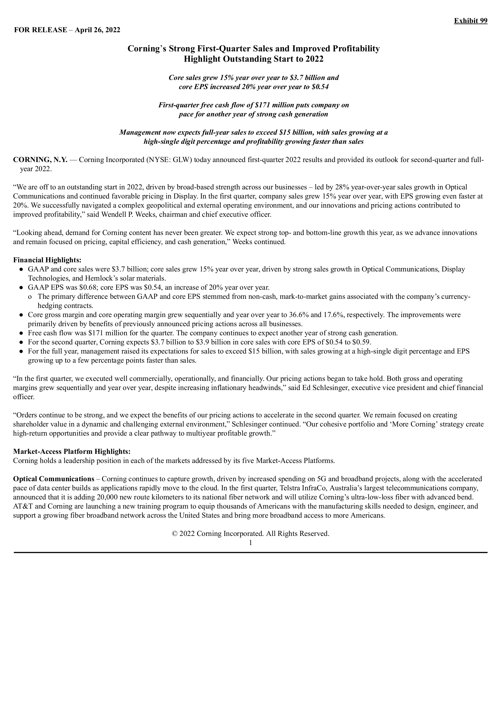 Corning's Q1 2022 Press Release