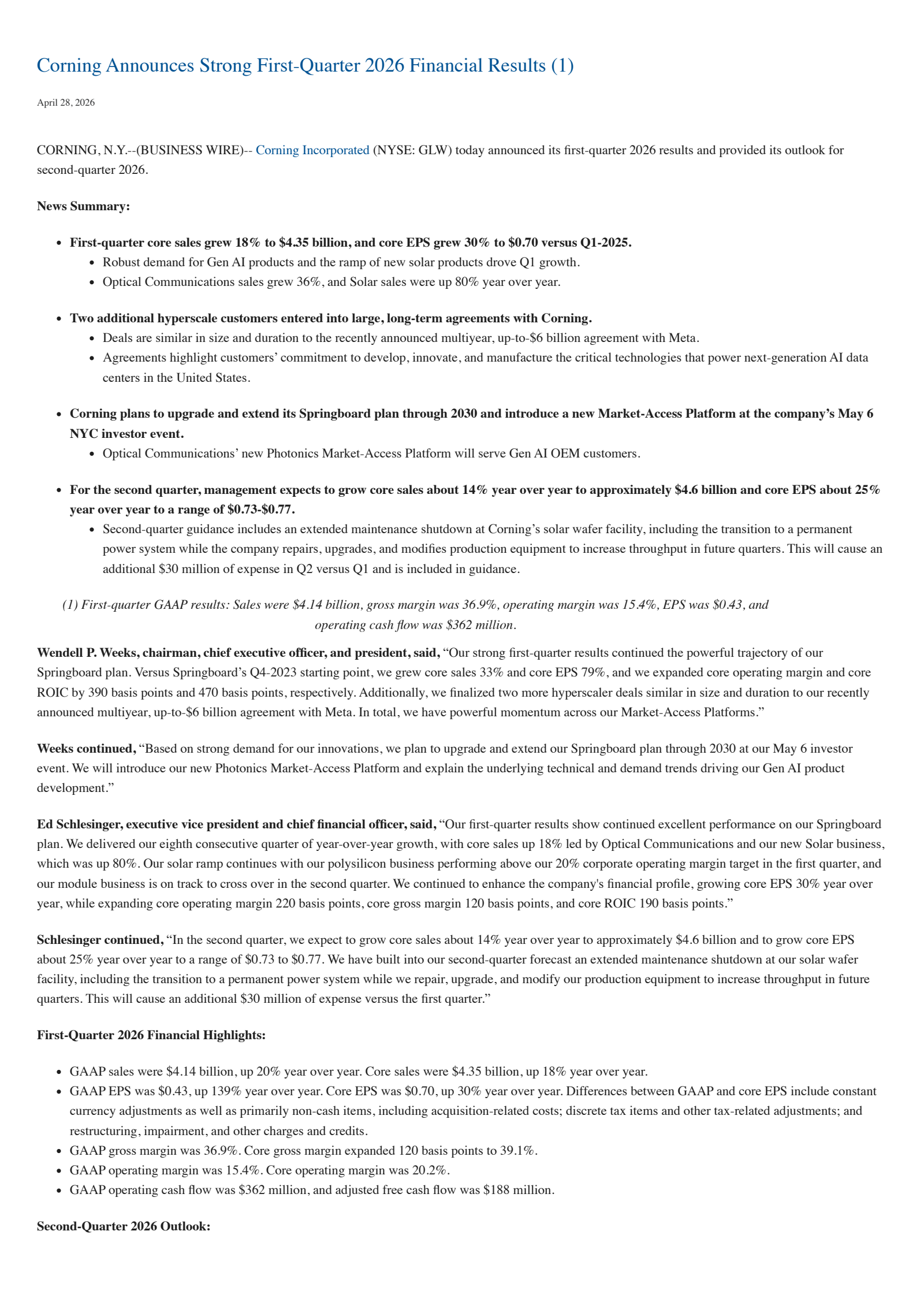 Corning's Q1 2026 Press Release