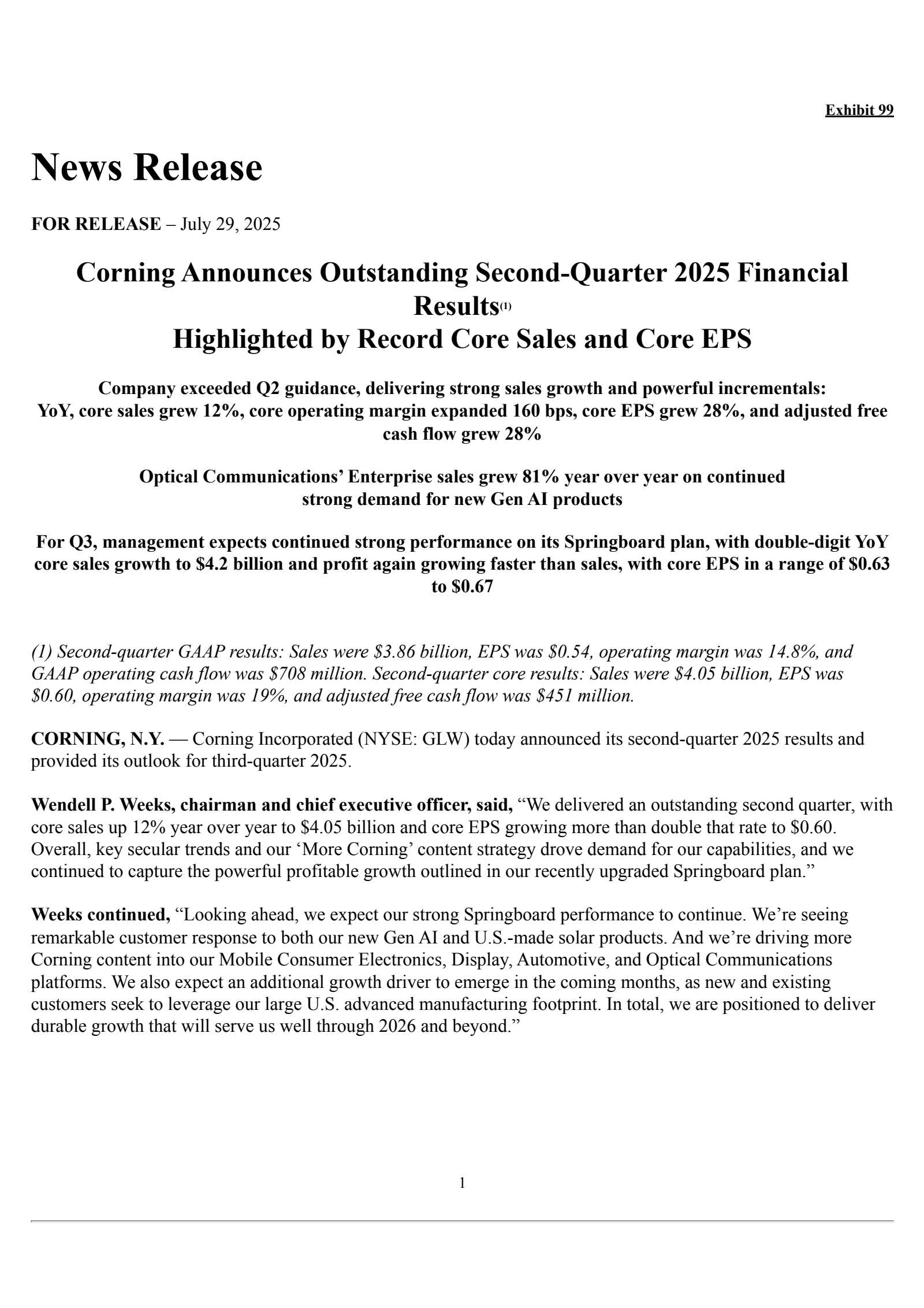 Corning's Q2 2025 Press Release