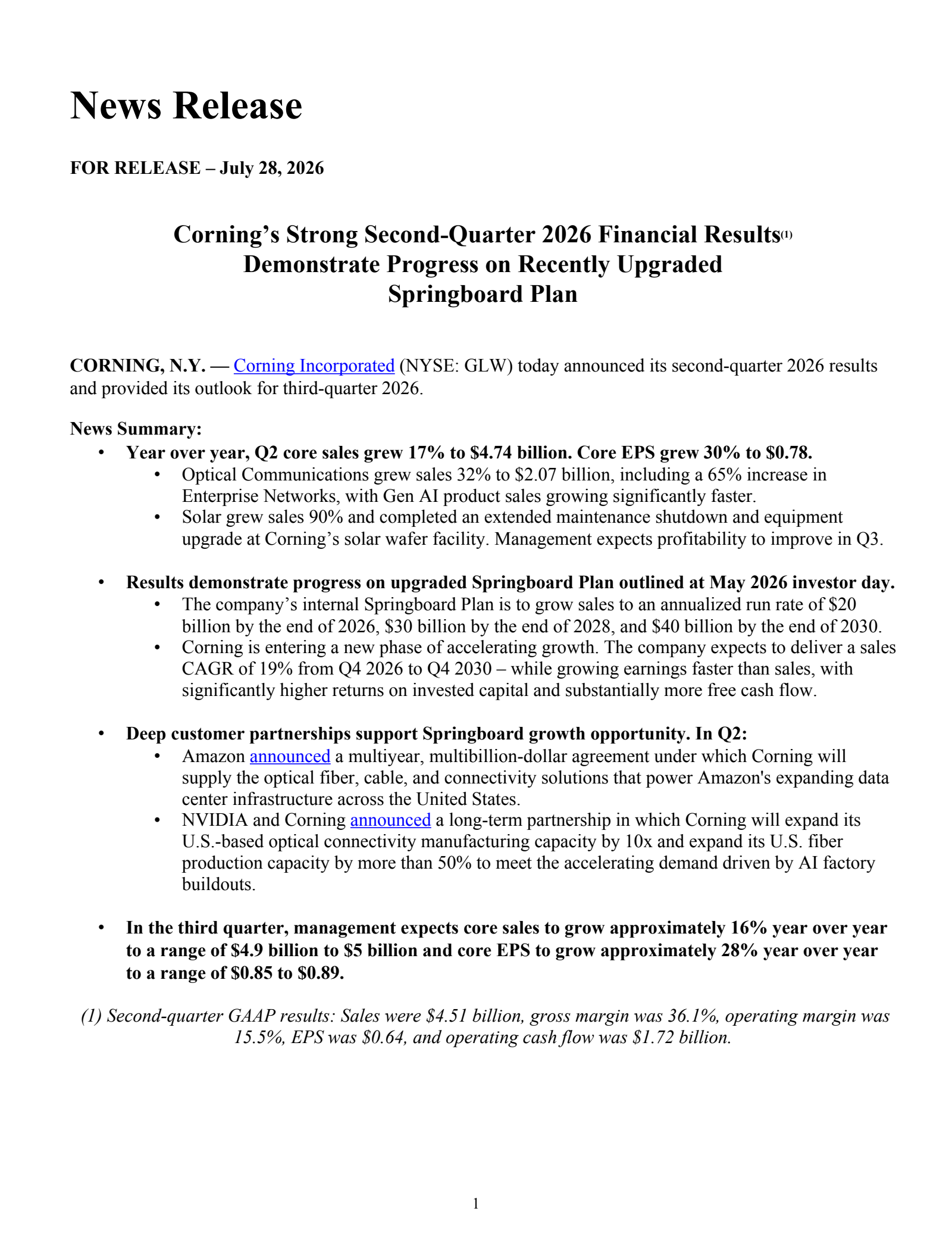 Corning's Q2 2026 Press Release