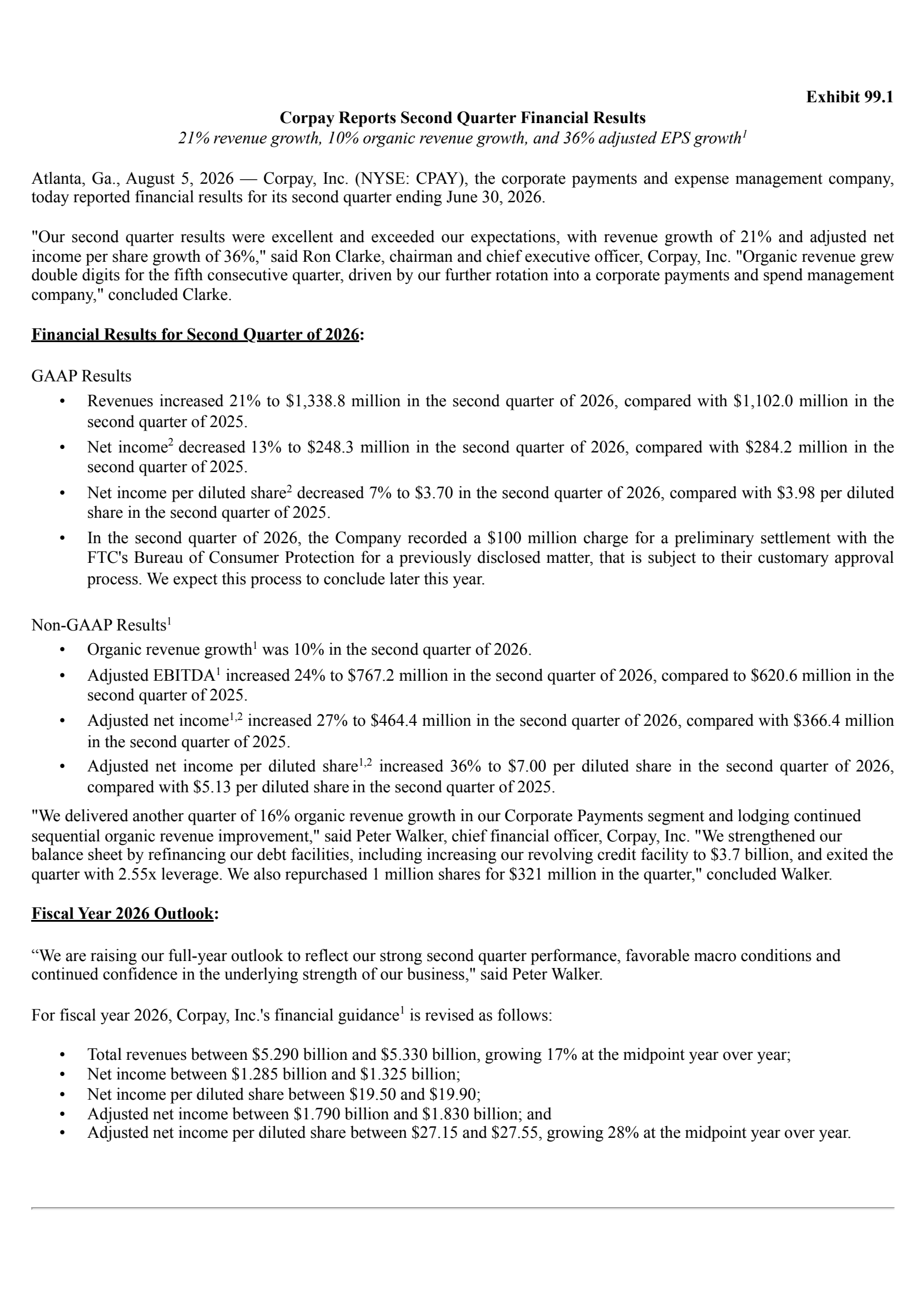 Corpay's Q2 2026 Press Release
