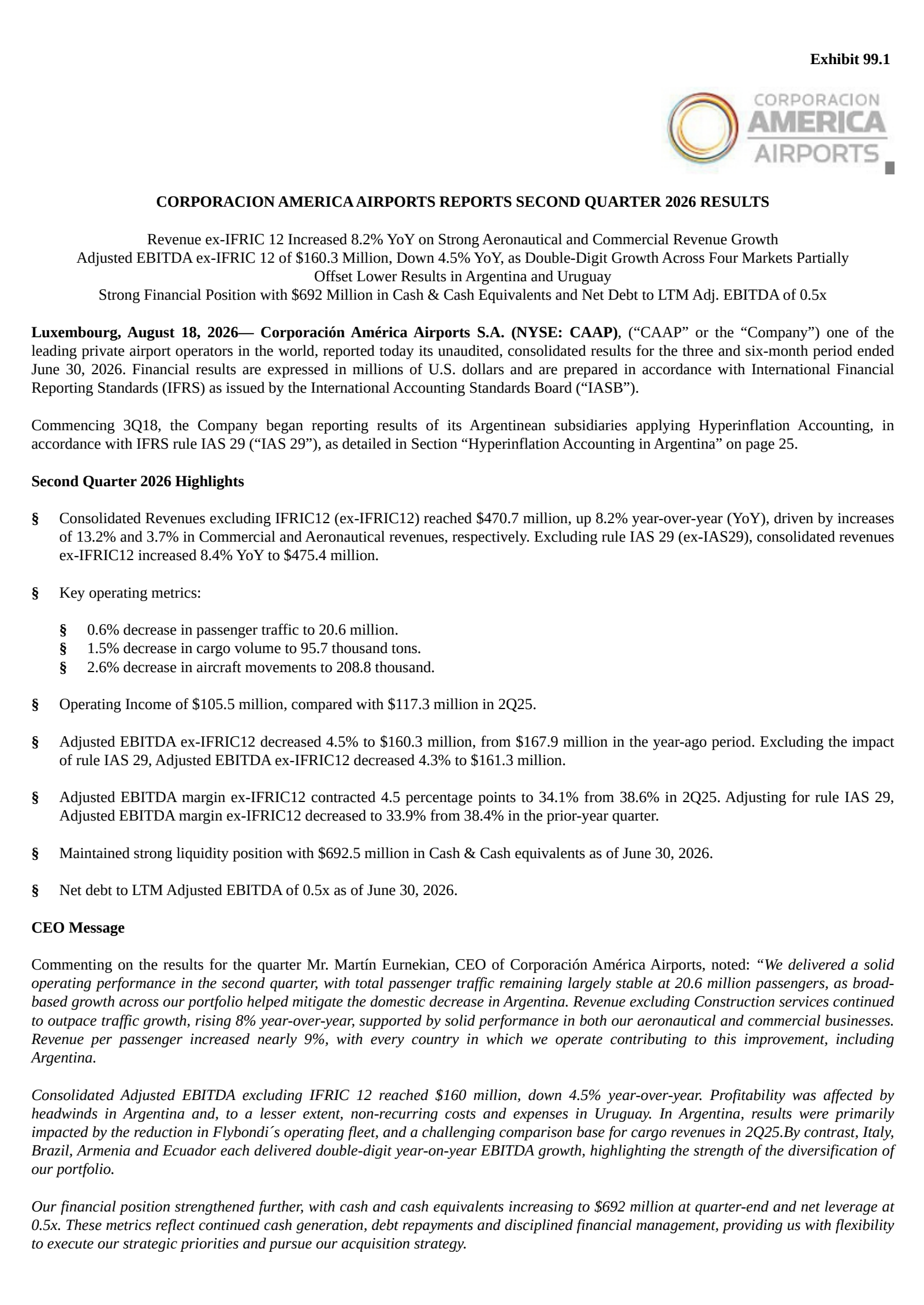 Corporacion America Airports' Q2 2026 Press Release