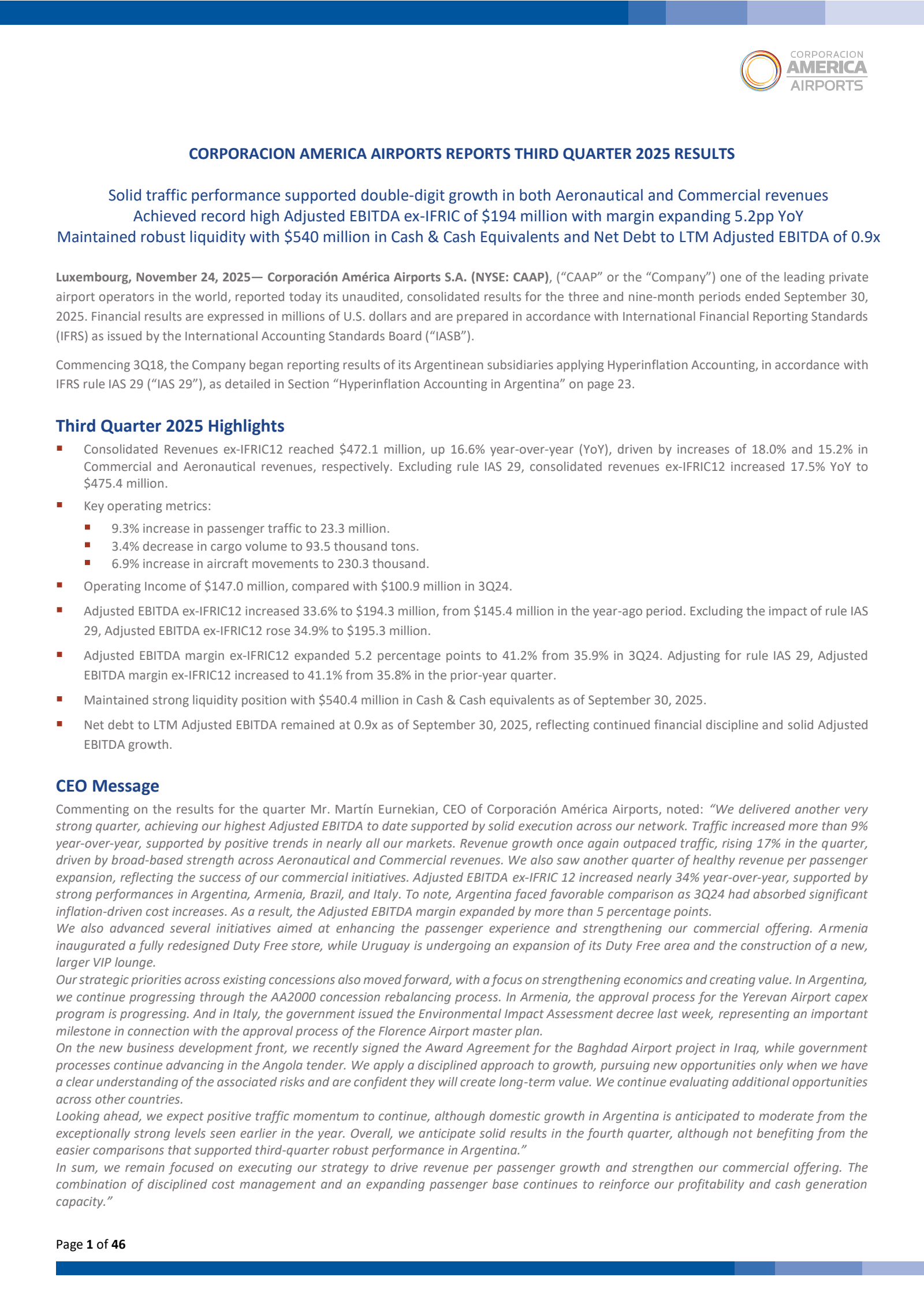 Corporacion America Airports' Q3 2025 Earnings Release