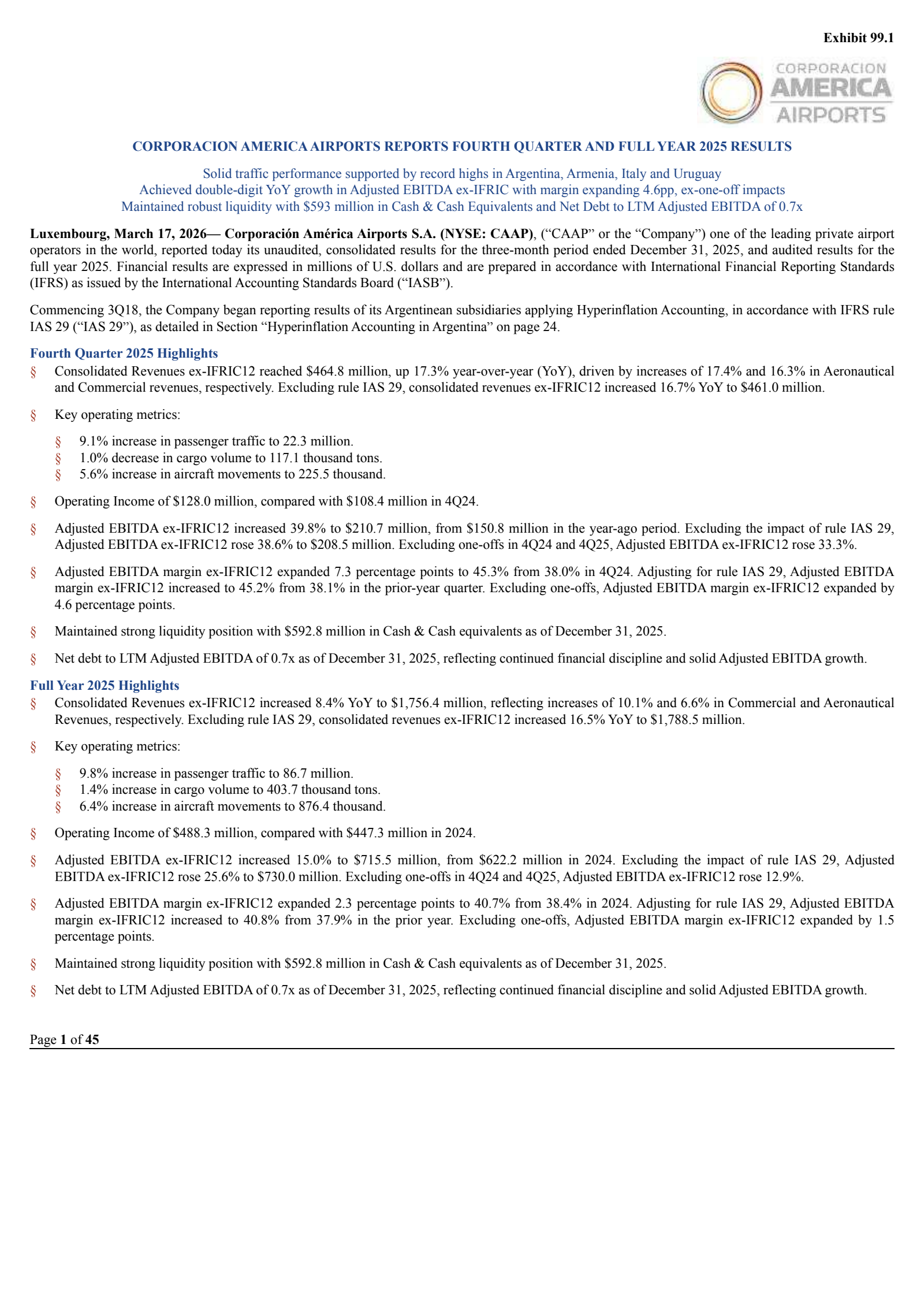 Corporacion America Airports' Q4 2025 Press Release