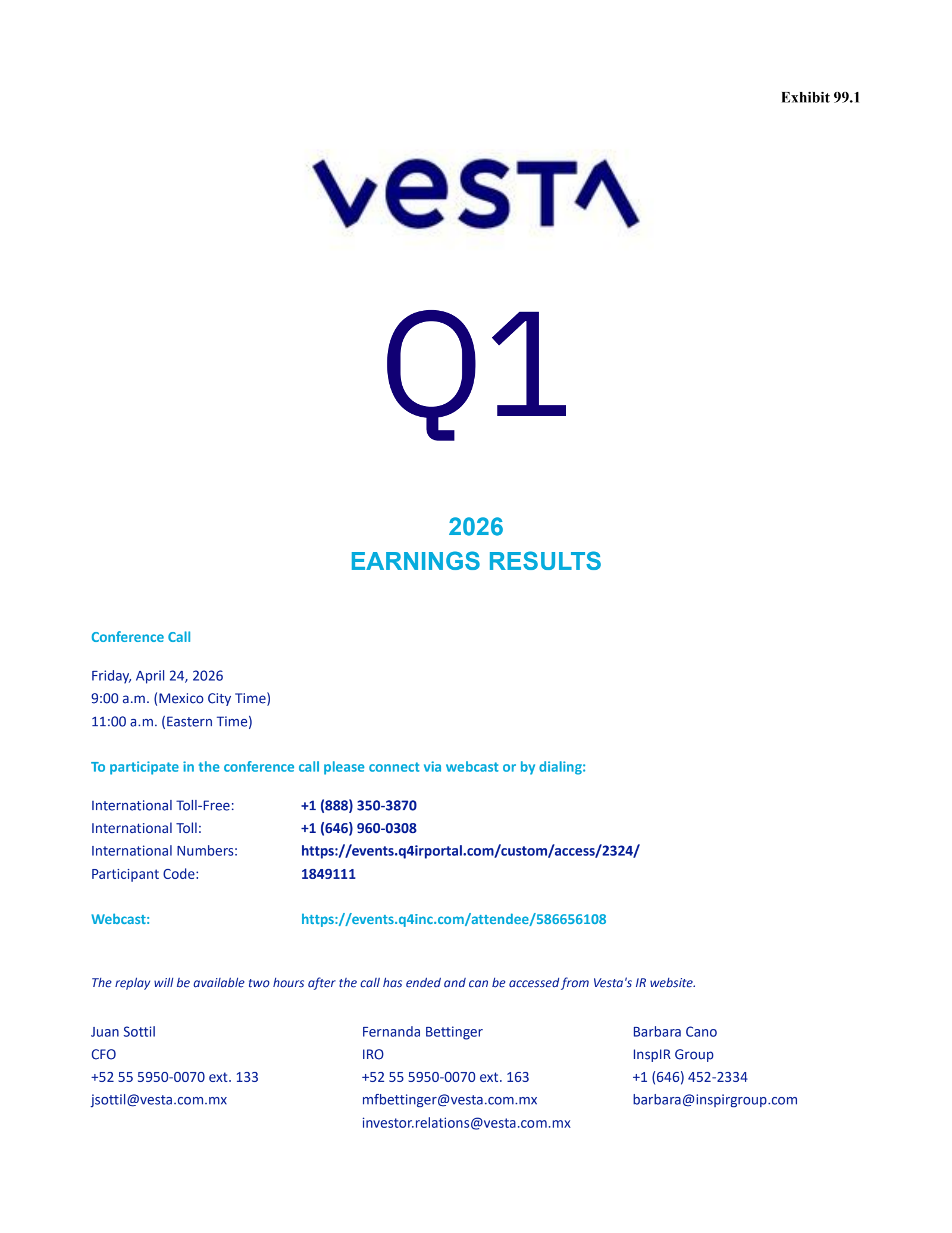 Corporacion Inmobiliaria Vesta's Q1 2026 Press Release